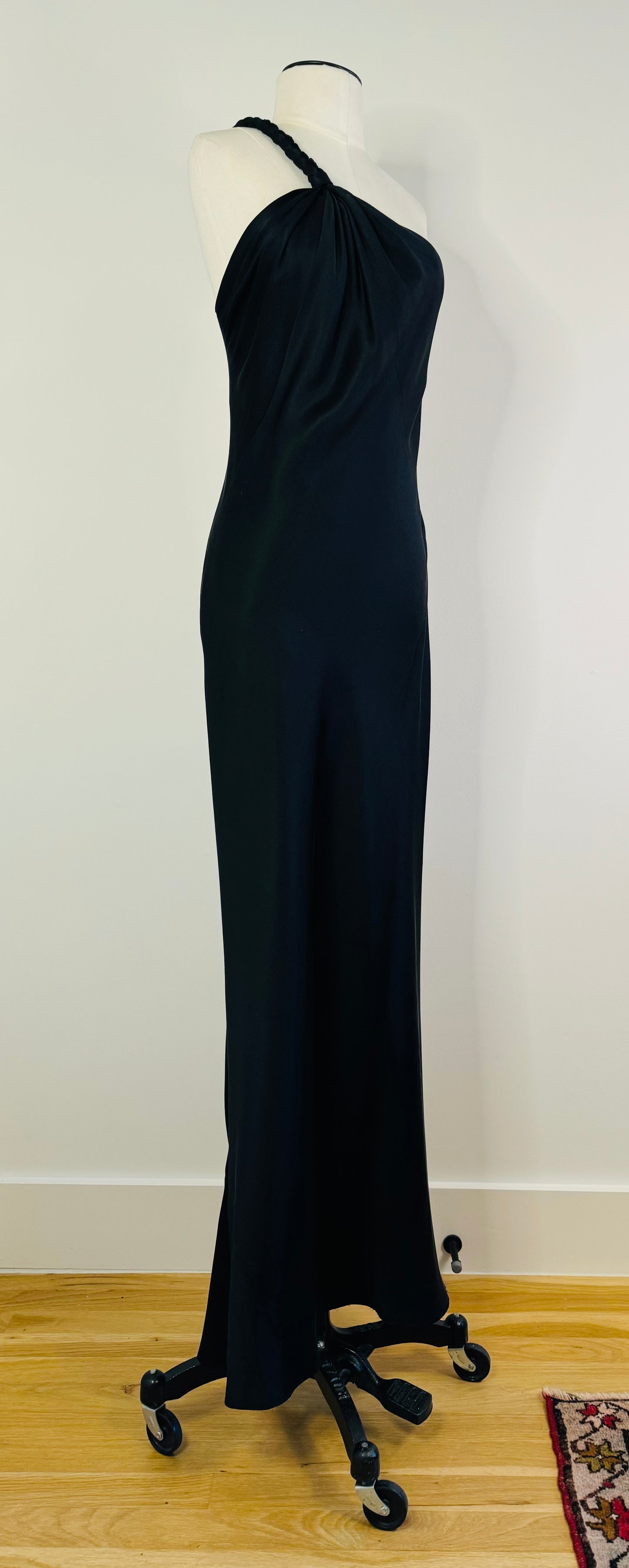 90s Black Silk One Shoulder Bias Maxi Gown Dress