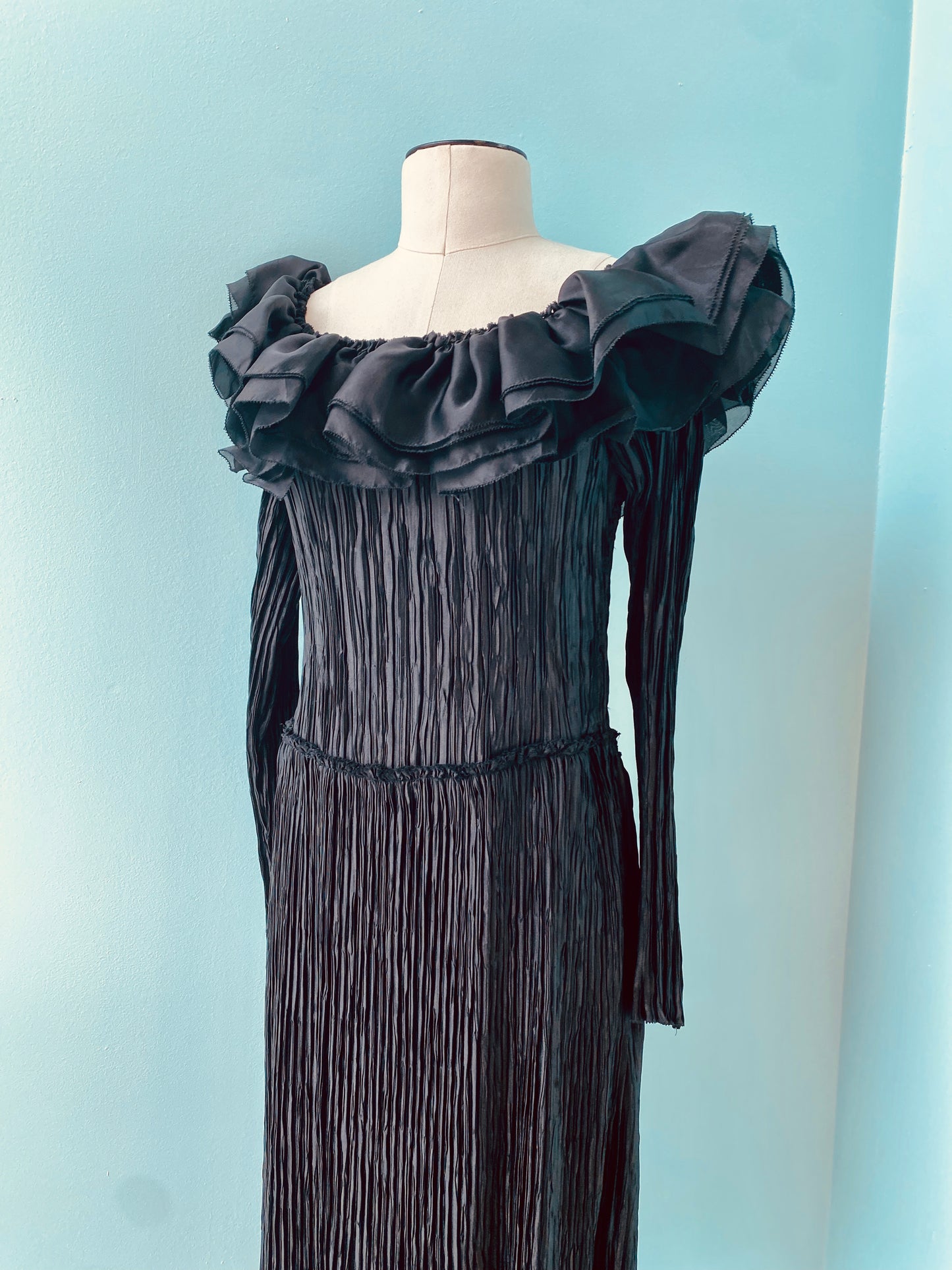 Early 80s Mary McFadden Couture Plisse Black Off The Shoulders Ruffled Organza Midi Dress