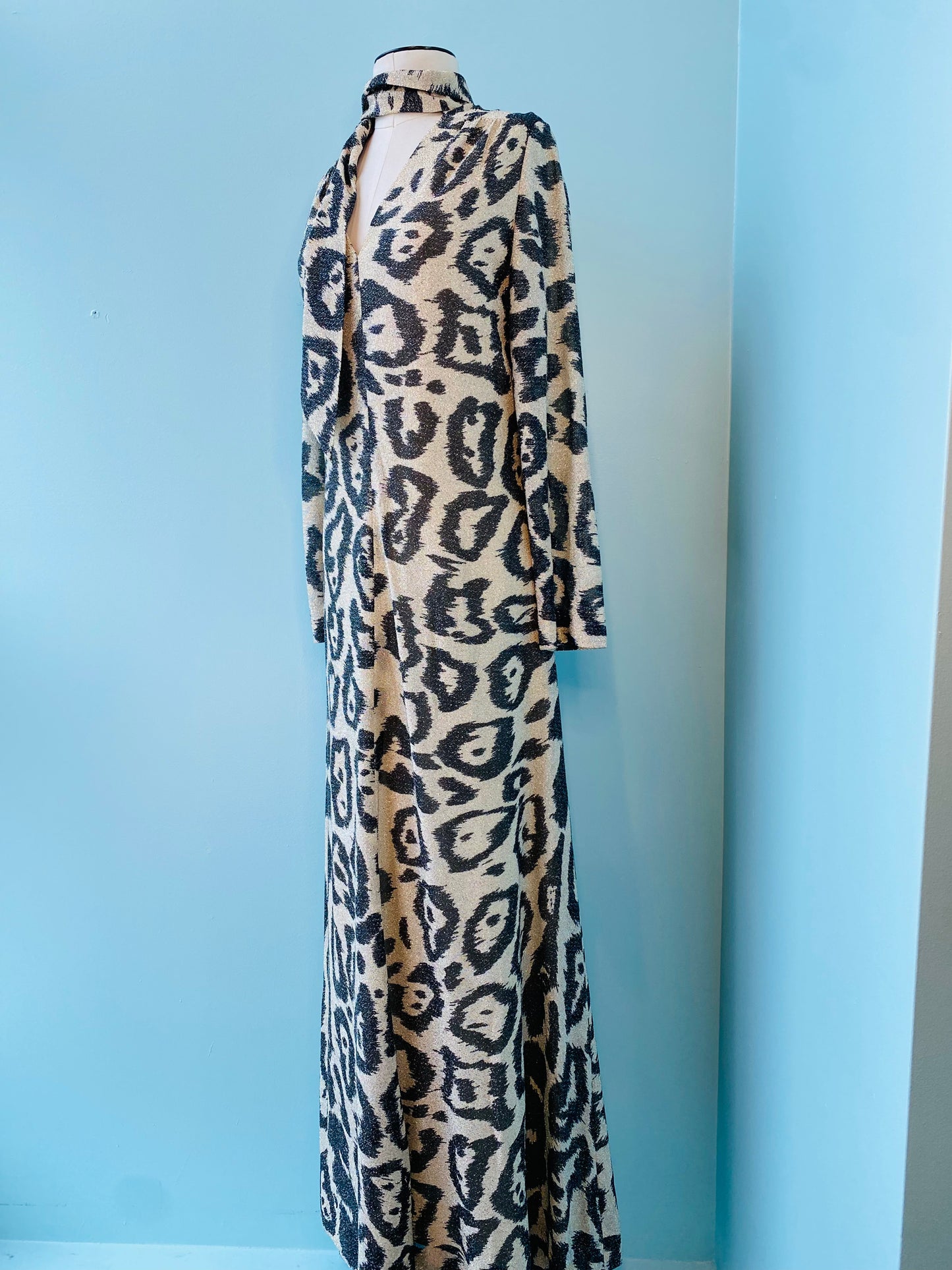 60s Adele Simpson for Neiman Marcus Metallic Lurex Cheetah Print Maxi Caftan Dress