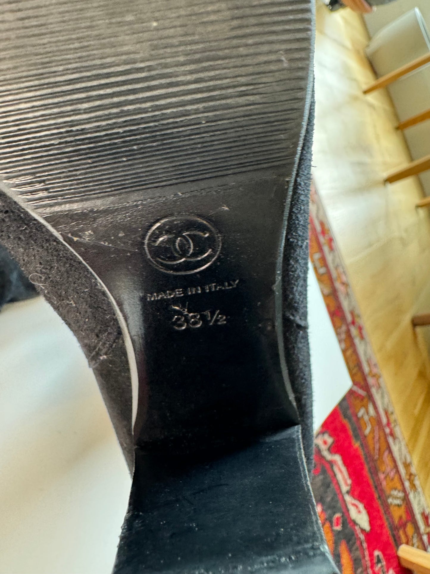 CHANEL Knee High Black Suede and Leather Logo Boots