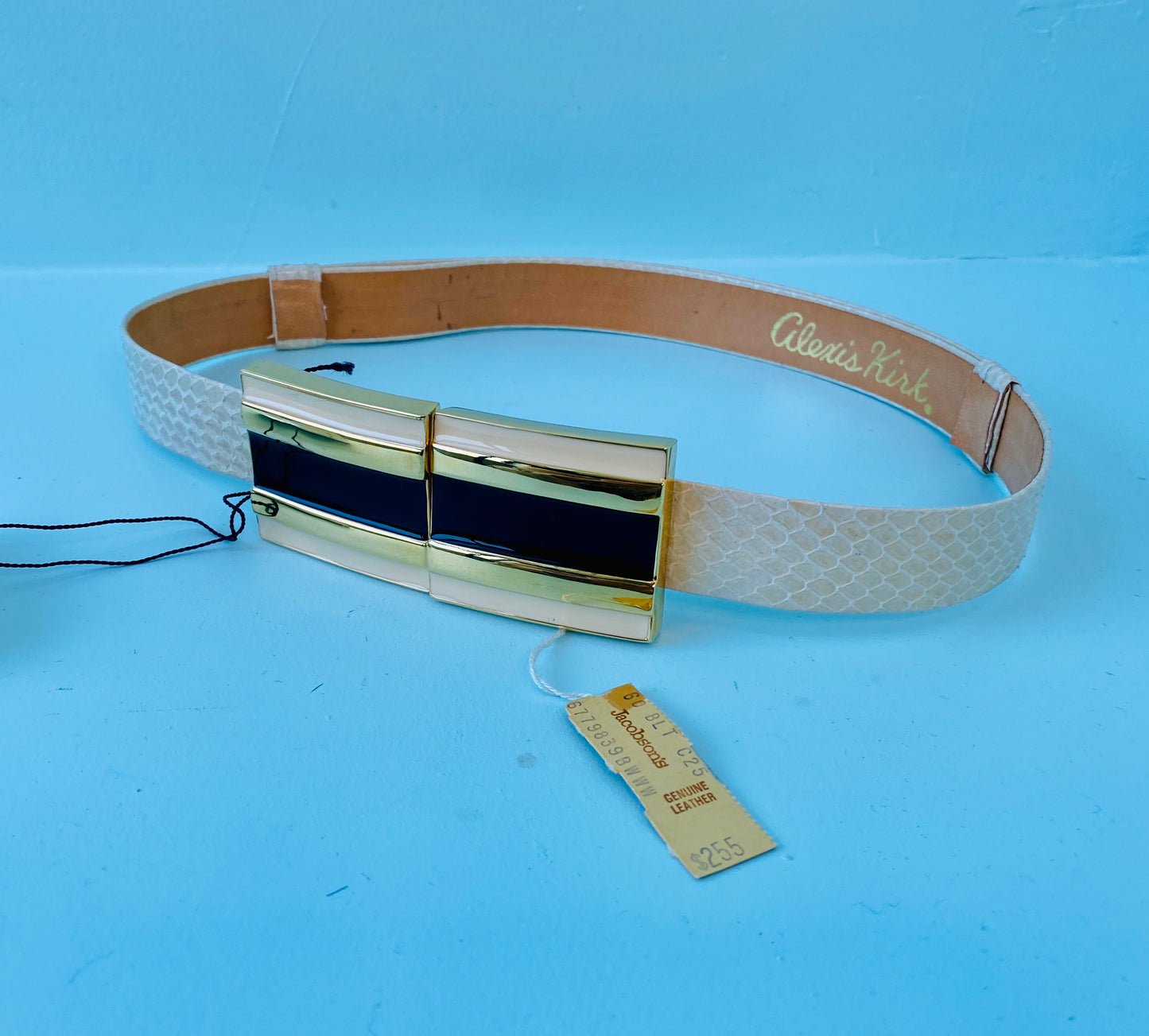 Disco Era Alexis Kirk Enameled Buckle Ivory Reptile Belt