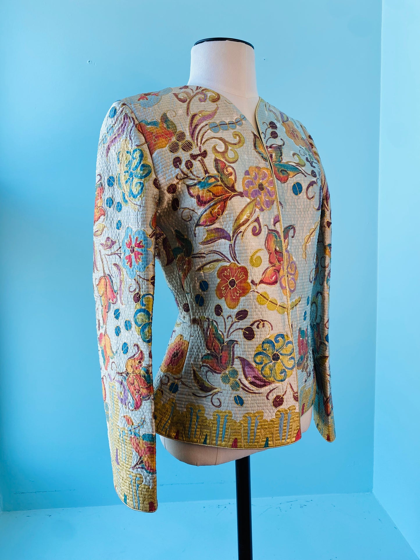 80s Mary McFadden Silk Hand Painted Quilted Jacket