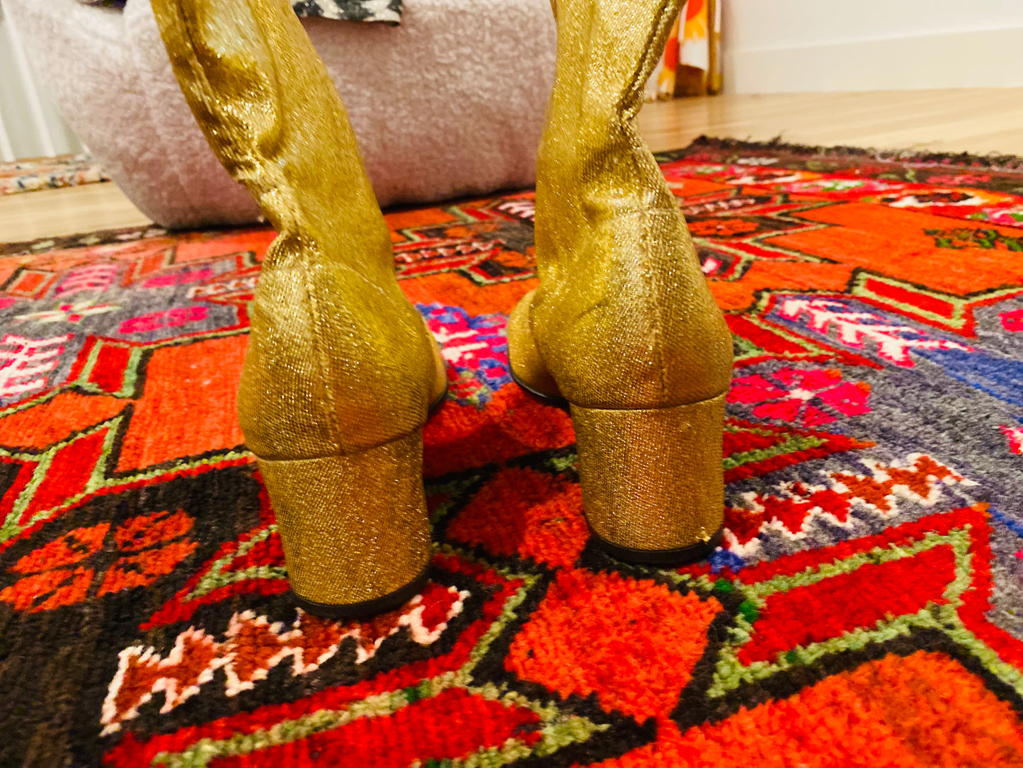 60s Gold Metallic Lurex  Stretchy Ankle Boots Size 9 2" Heel