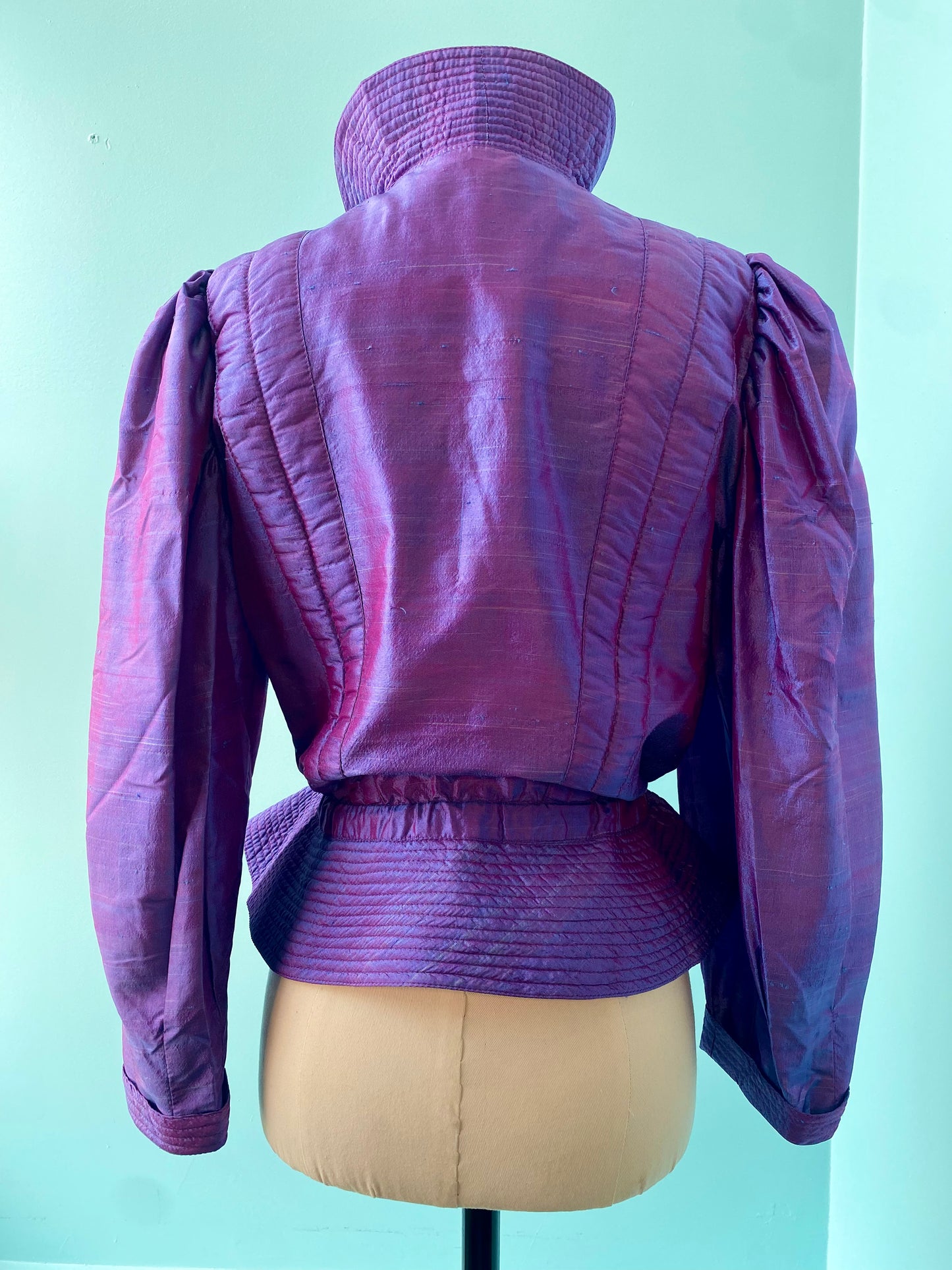 70s Jean and Martin Pallant Silk Avant Garde Silk Iridescent Purple Peplum Jacket