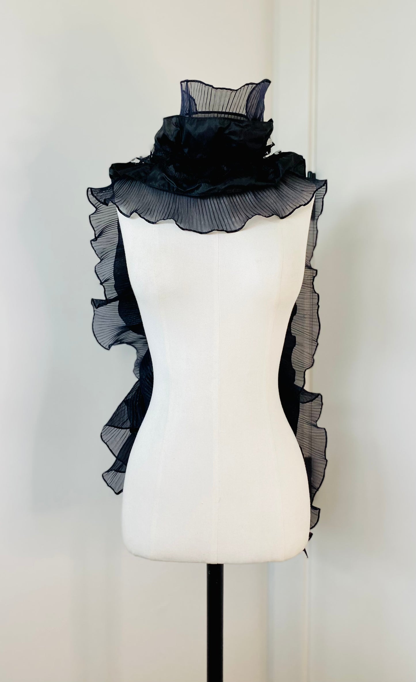 Y2K Black Avantgarde Organza Pleated Sculptural Shawl Scarf