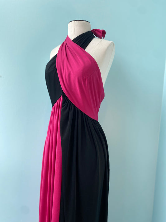 70s Bill Tice Sexy Color Block Jersey Halter Dress