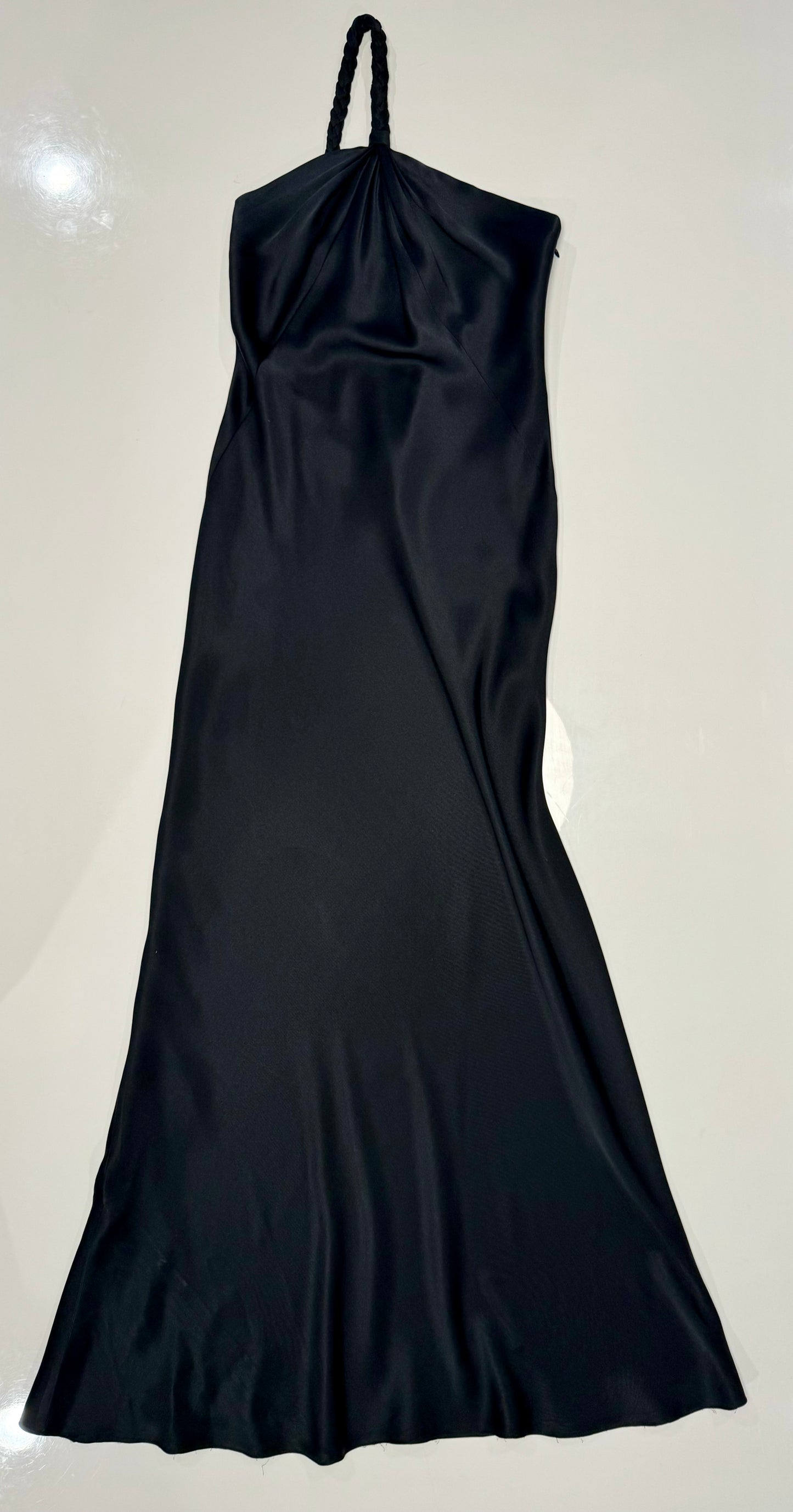 90s Black Silk One Shoulder Bias Maxi Gown Dress