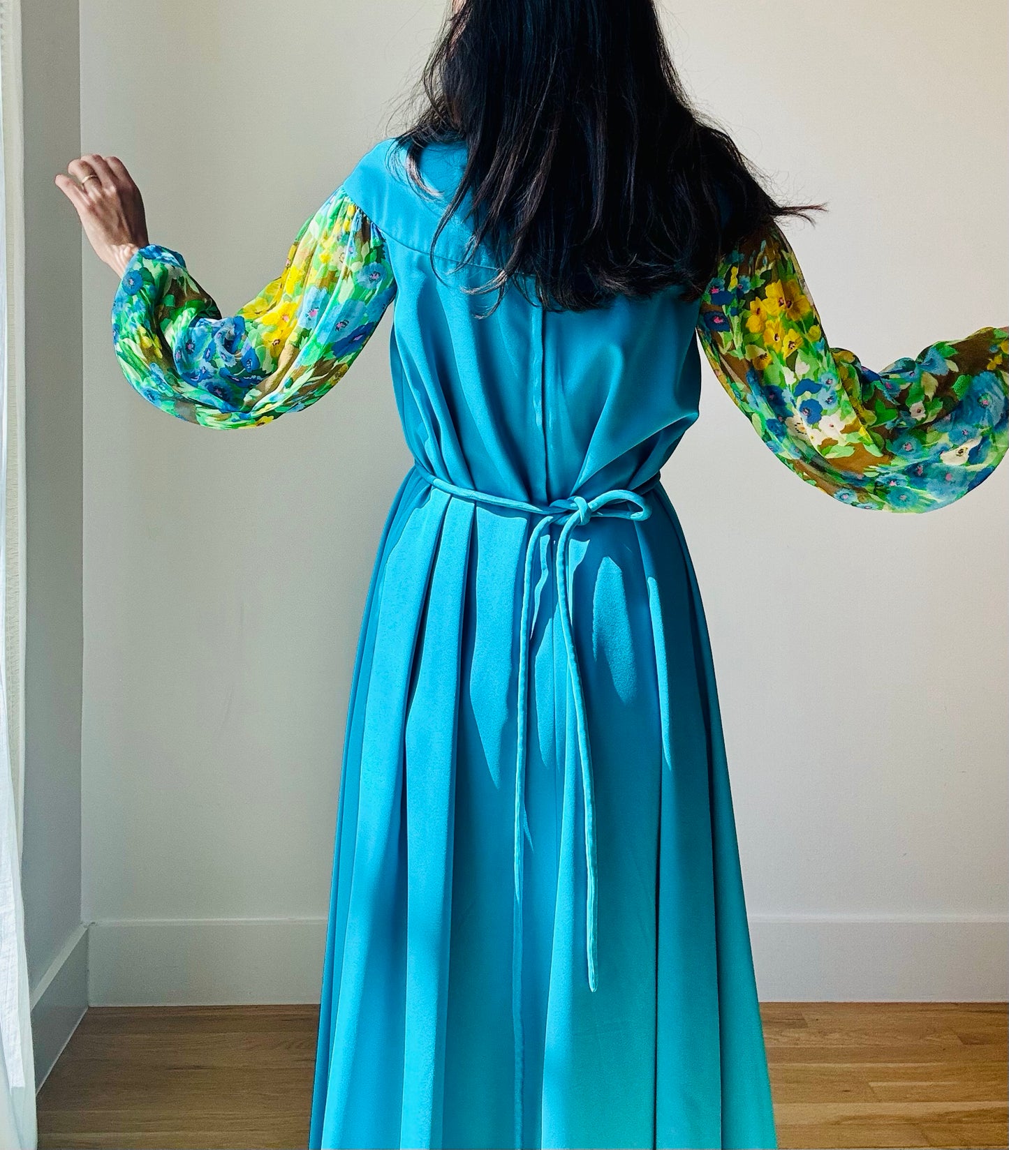 60s OAK Water Color Silk Chiffon Sleeves Blue Gown