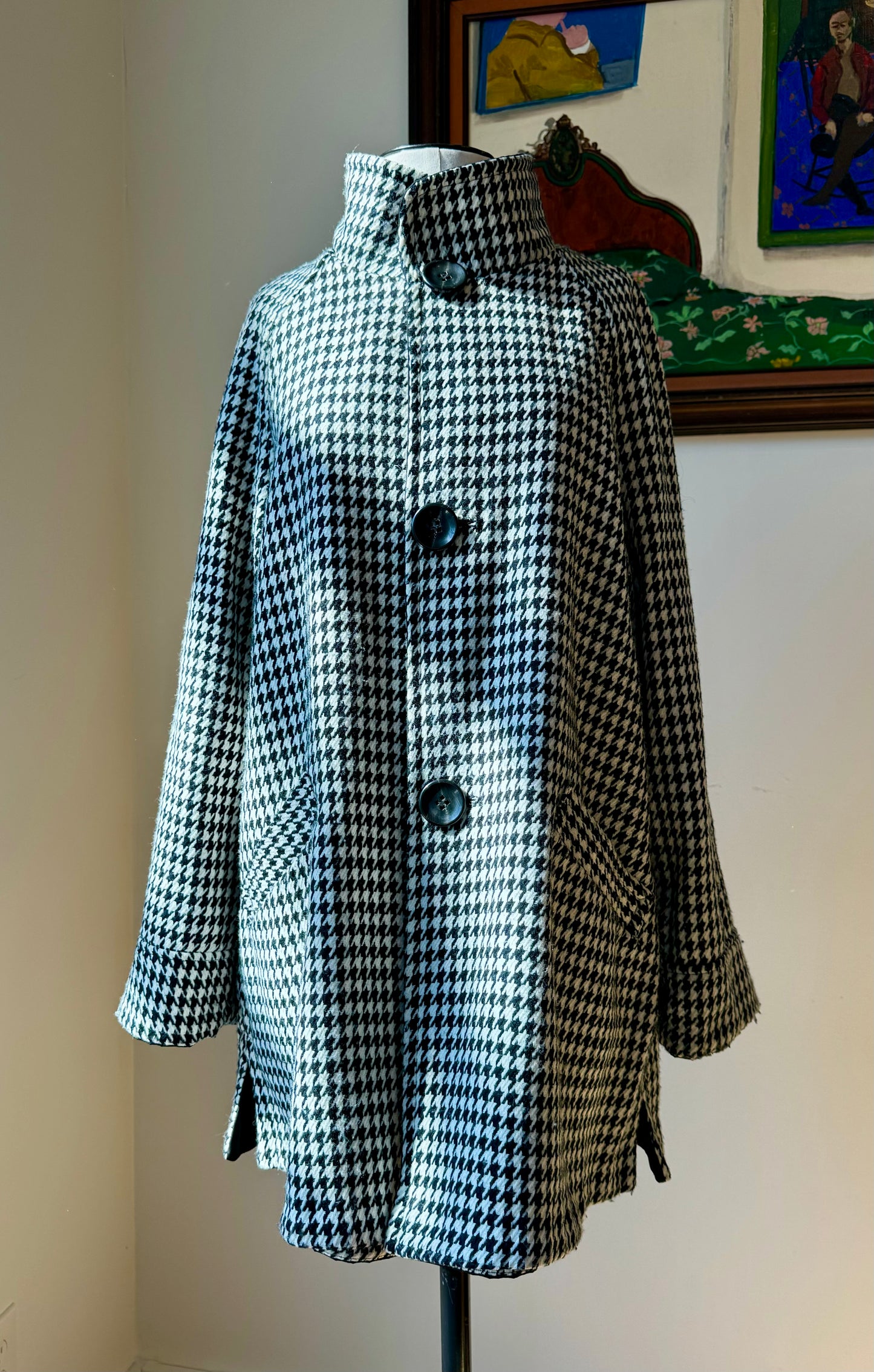 90s does 60s Black and White Houndstooth Reversible Swing Raincoat