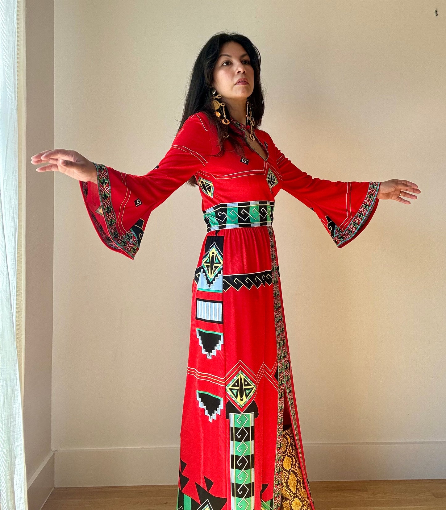 70s Paganne by Gene Berk Red Boho Print Bell Sleeves Maxi