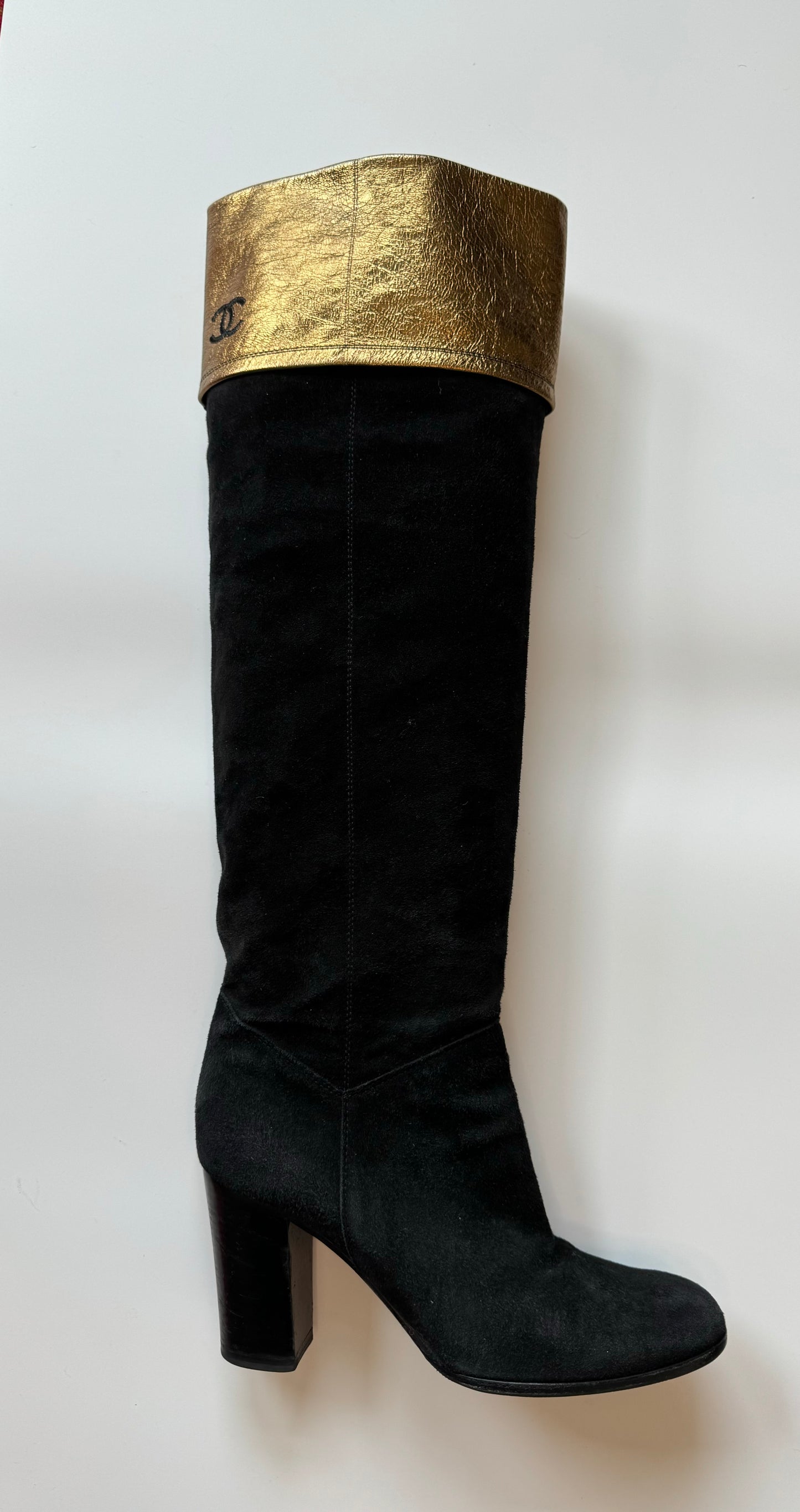 CHANEL Knee High Black Suede and Leather Logo Boots
