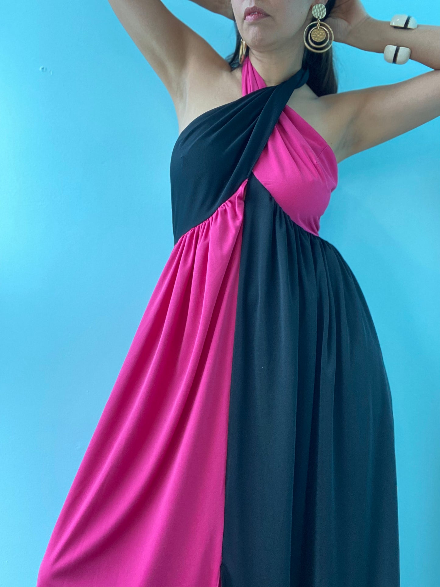 70s Bill Tice Sexy Color Block Jersey Halter Dress