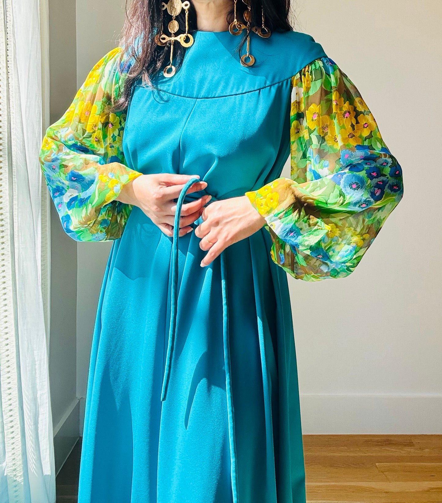 60s OAK Water Color Silk Chiffon Sleeves Blue Gown