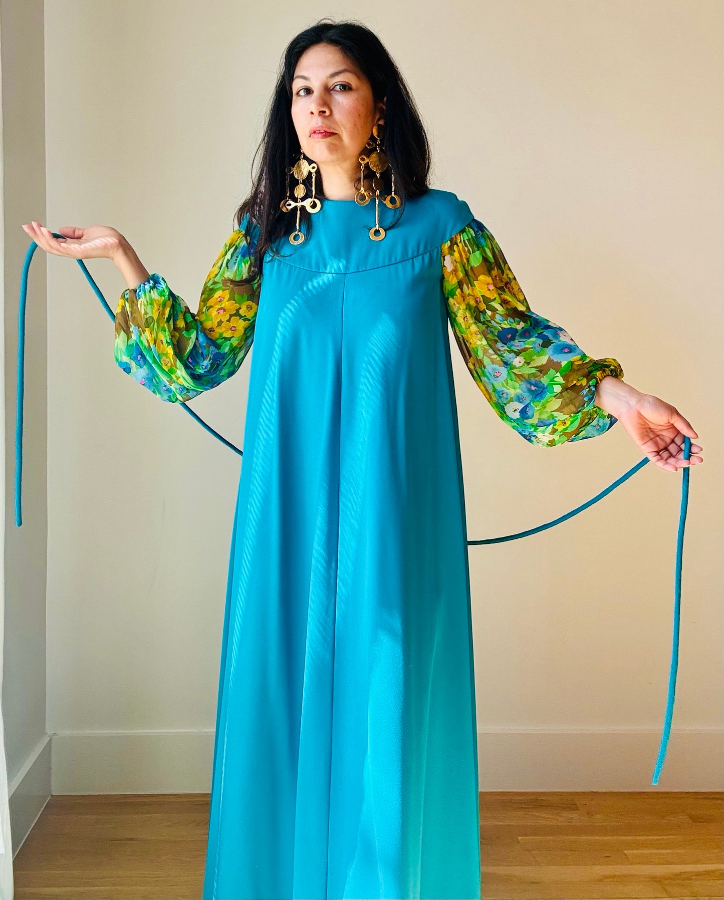 60s OAK Water Color Silk Chiffon Sleeves Blue Gown