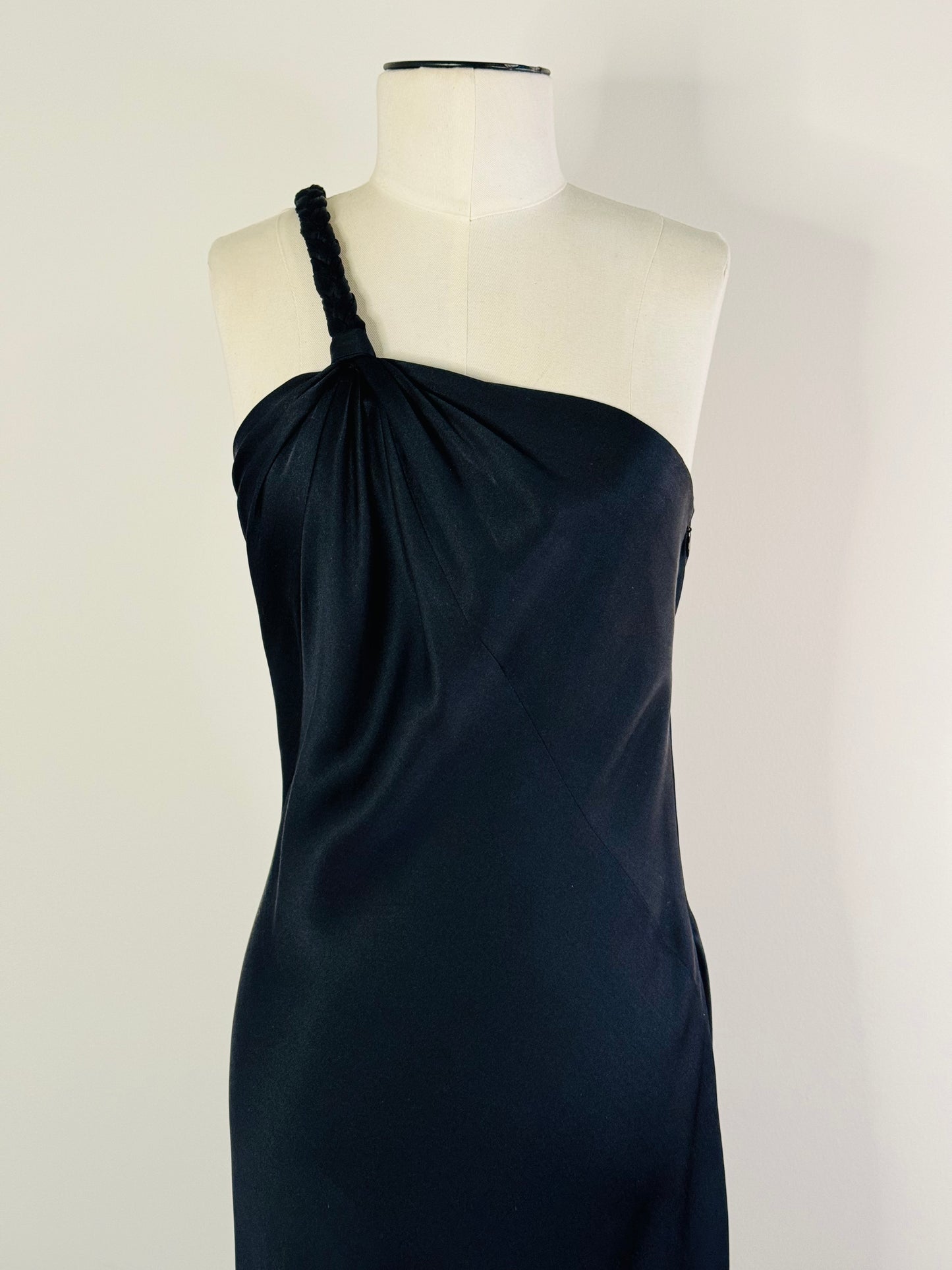 90s Black Silk One Shoulder Bias Maxi Gown Dress