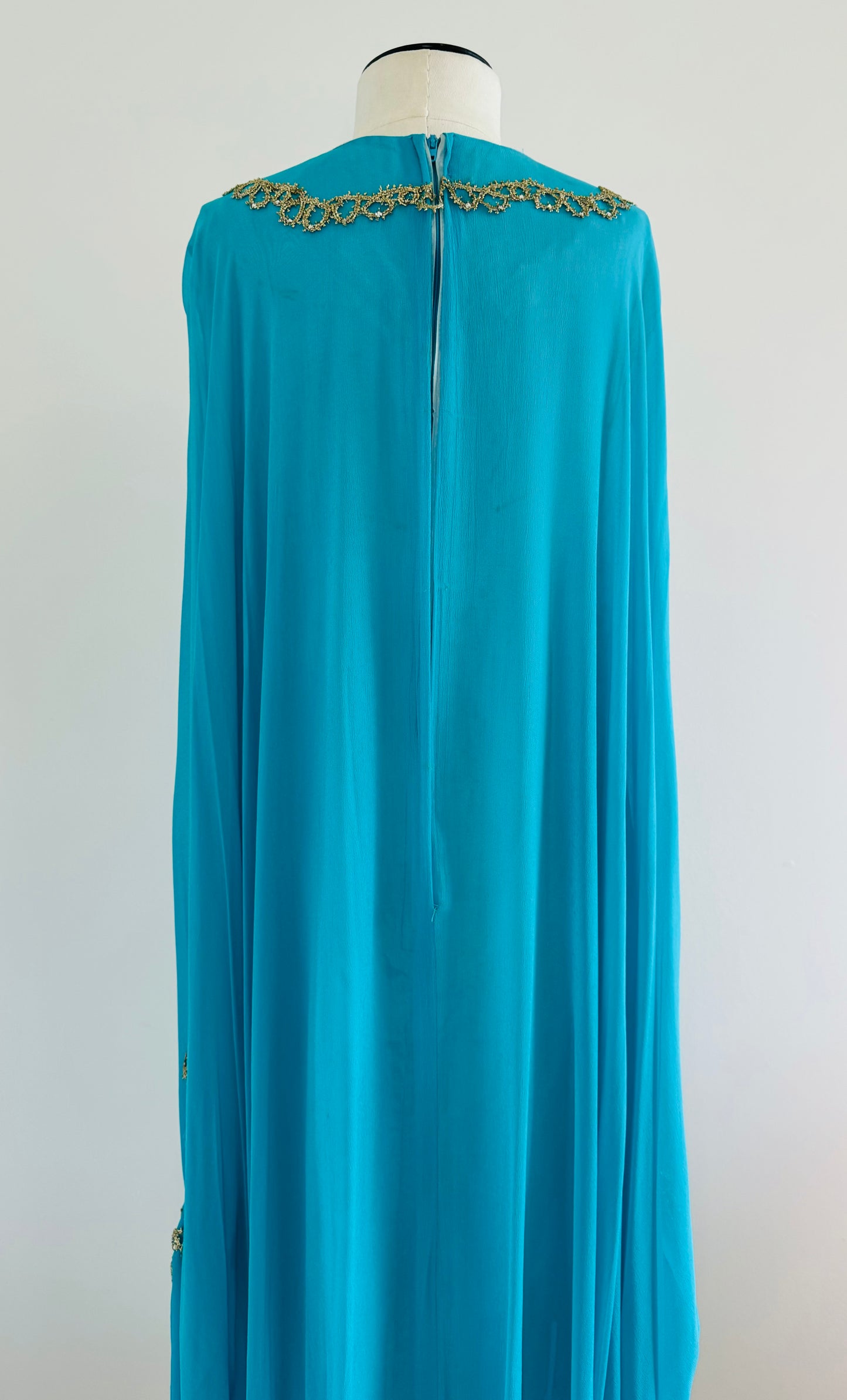 60s Georgie Keyloun Turquoise Blue Chiffon Embellished Caftan Gown