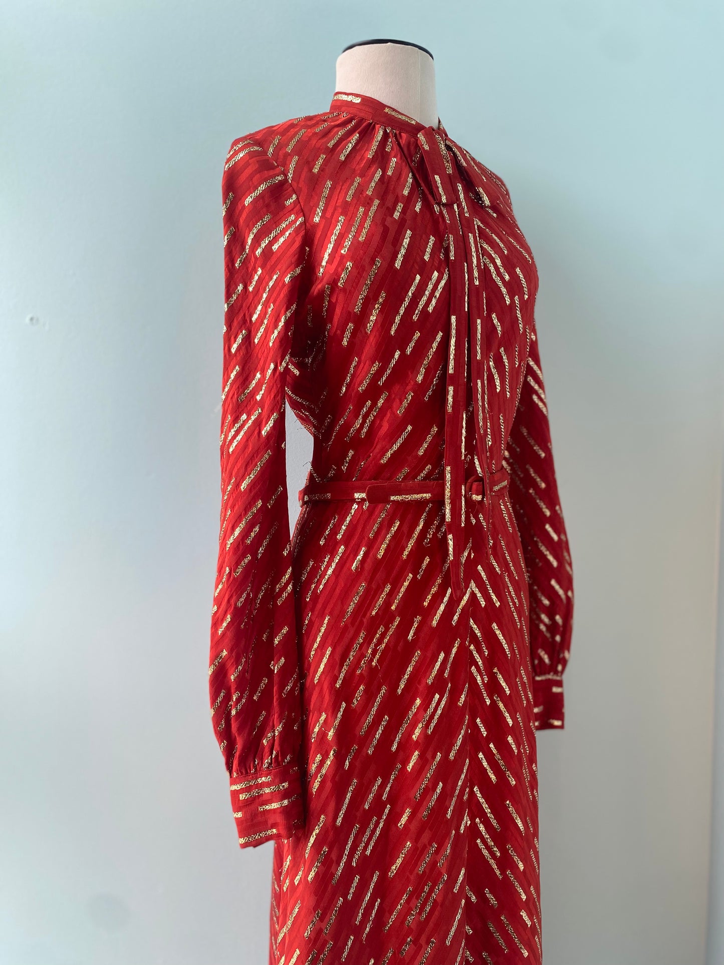 70s Marc Bohan for Christian Dior Red Silk Lurex Midi Dress Pussy Bow Balloon Sleeves