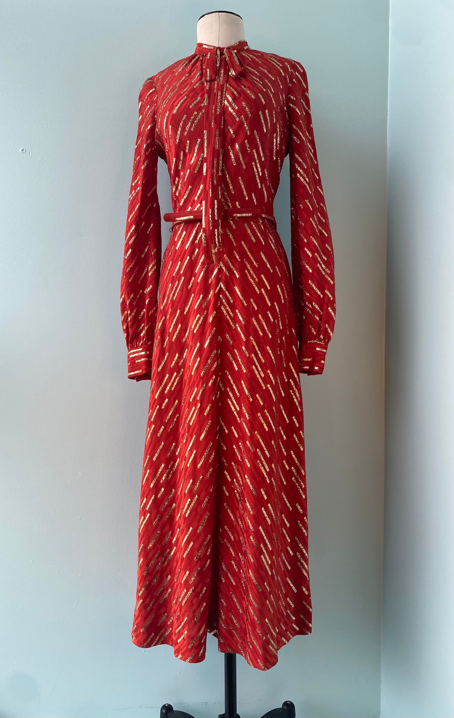 70s Marc Bohan for Christian Dior Red Silk Lurex Midi Dress Pussy Bow Balloon Sleeves