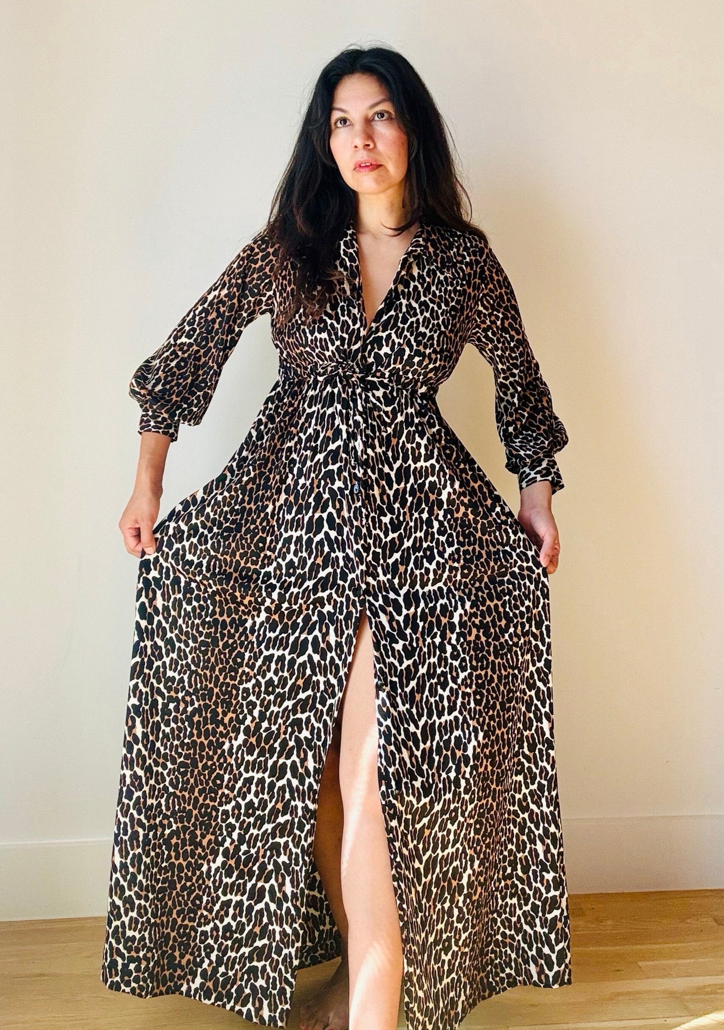 60s Lord and Taylor Cheetah Print Full Sweep Hostess Shirt Dress