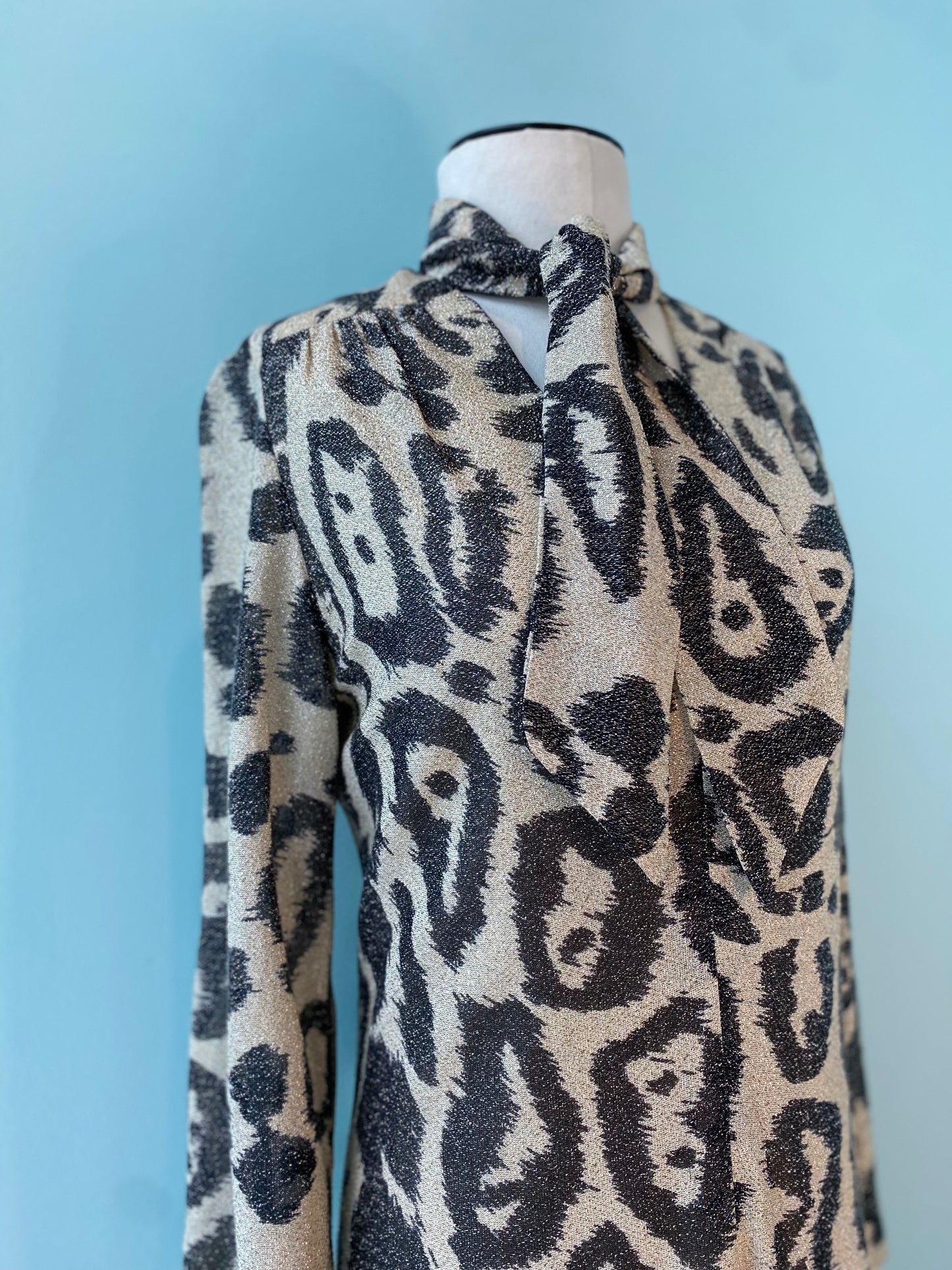 60s Adele Simpson for Neiman Marcus Metallic Lurex Cheetah Print Maxi Caftan Dress