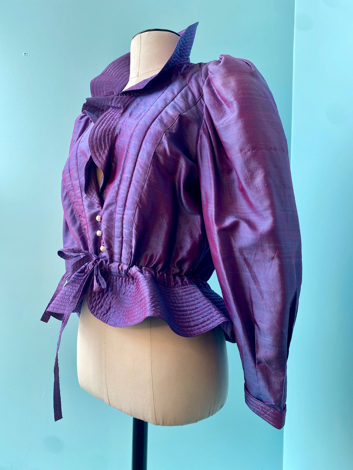 70s Jean and Martin Pallant Silk Avant Garde Silk Iridescent Purple Peplum Jacket