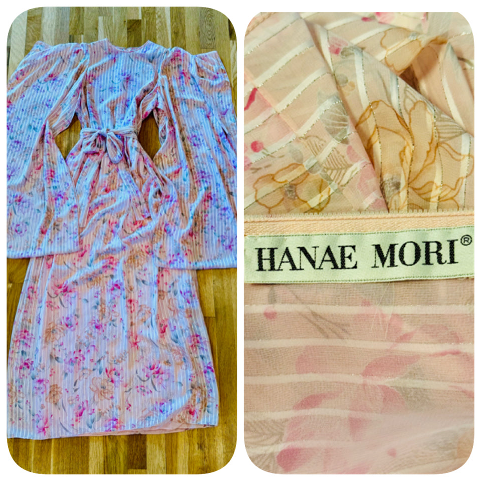 Stunning Vintage Hanae Mori Pink Kimono Sleeves Maxi Dress