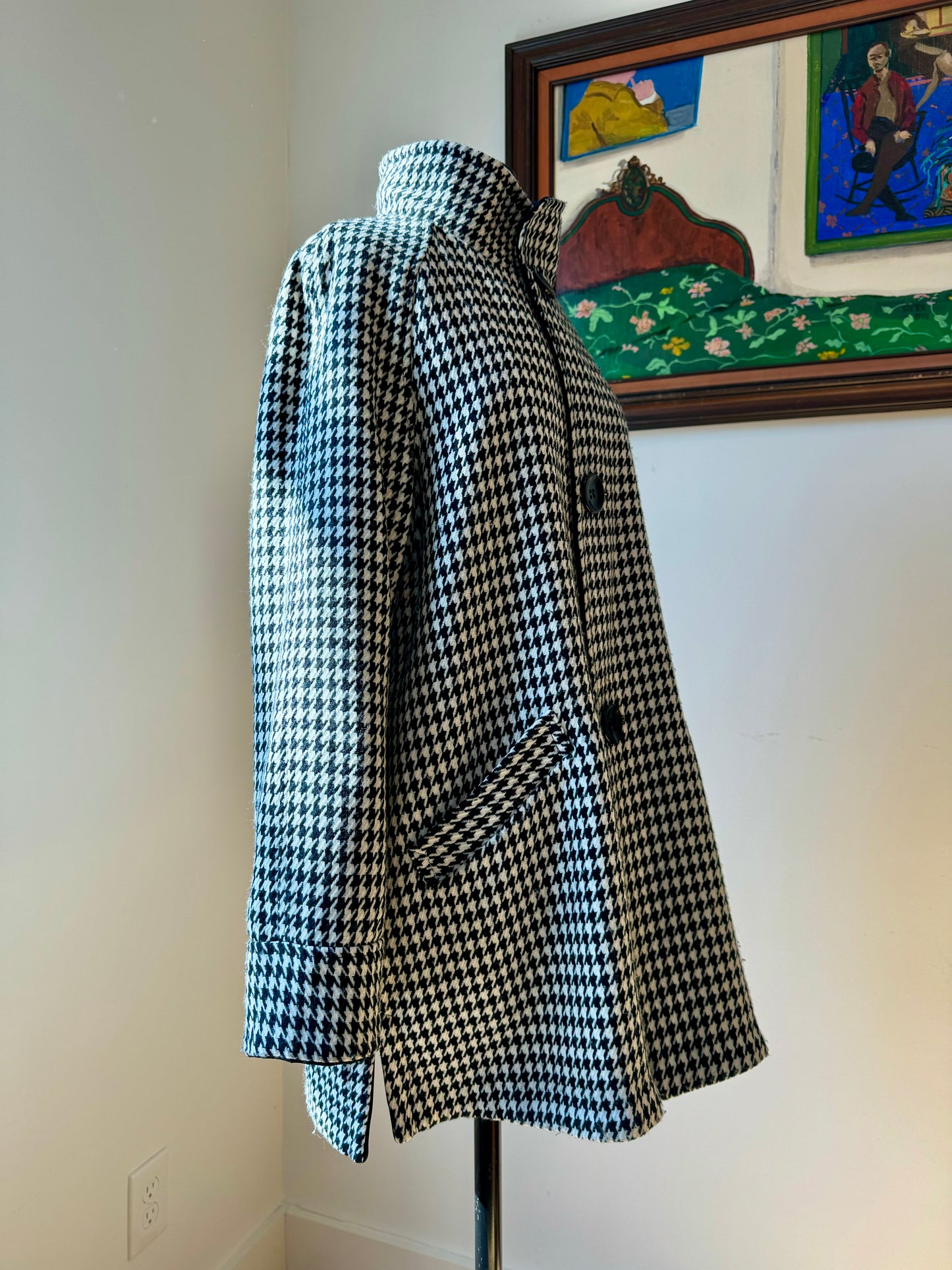 90s does 60s Black and White Houndstooth Reversible Swing Raincoat