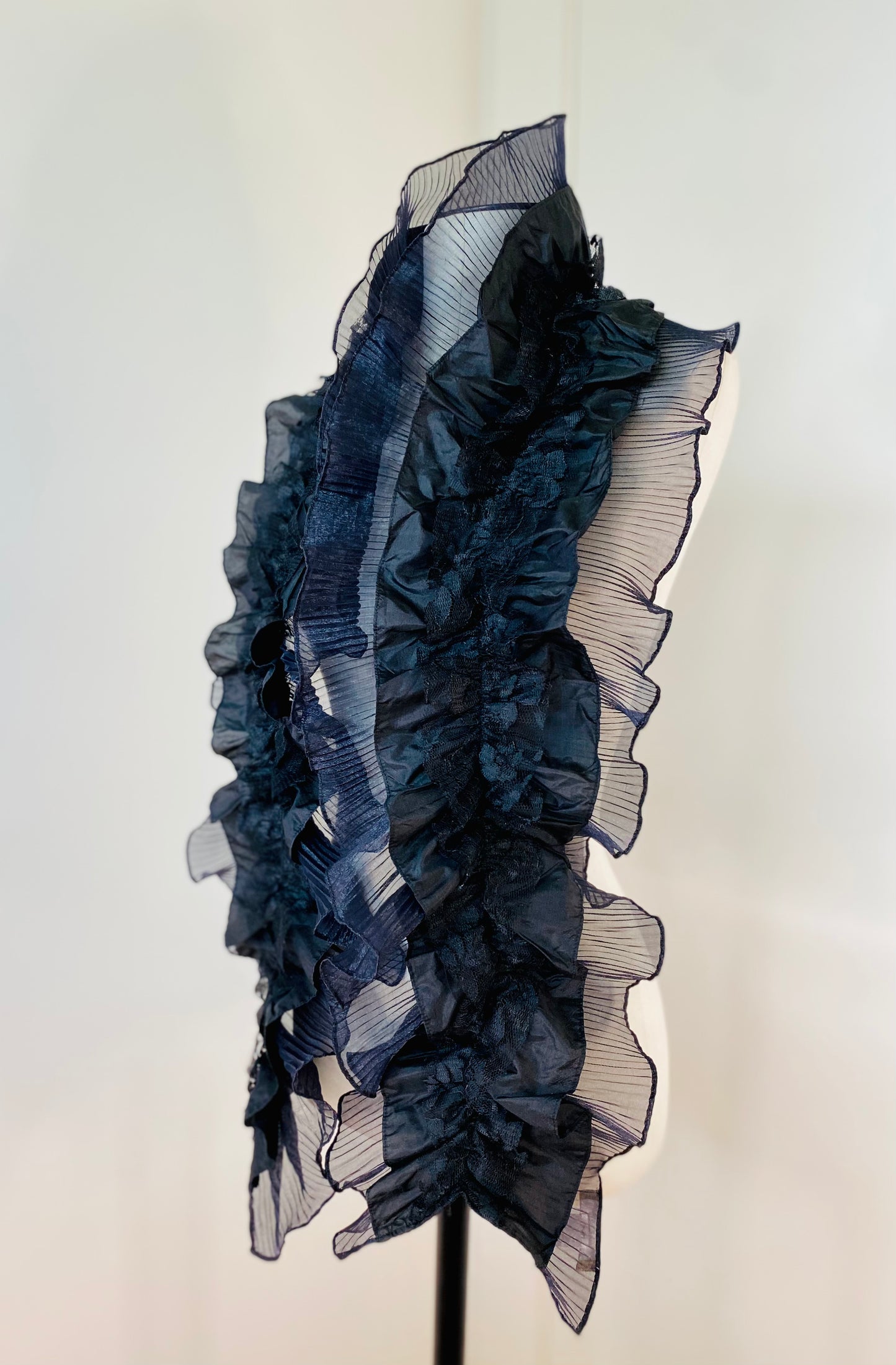 Y2K Black Avantgarde Organza Pleated Sculptural Shawl Scarf