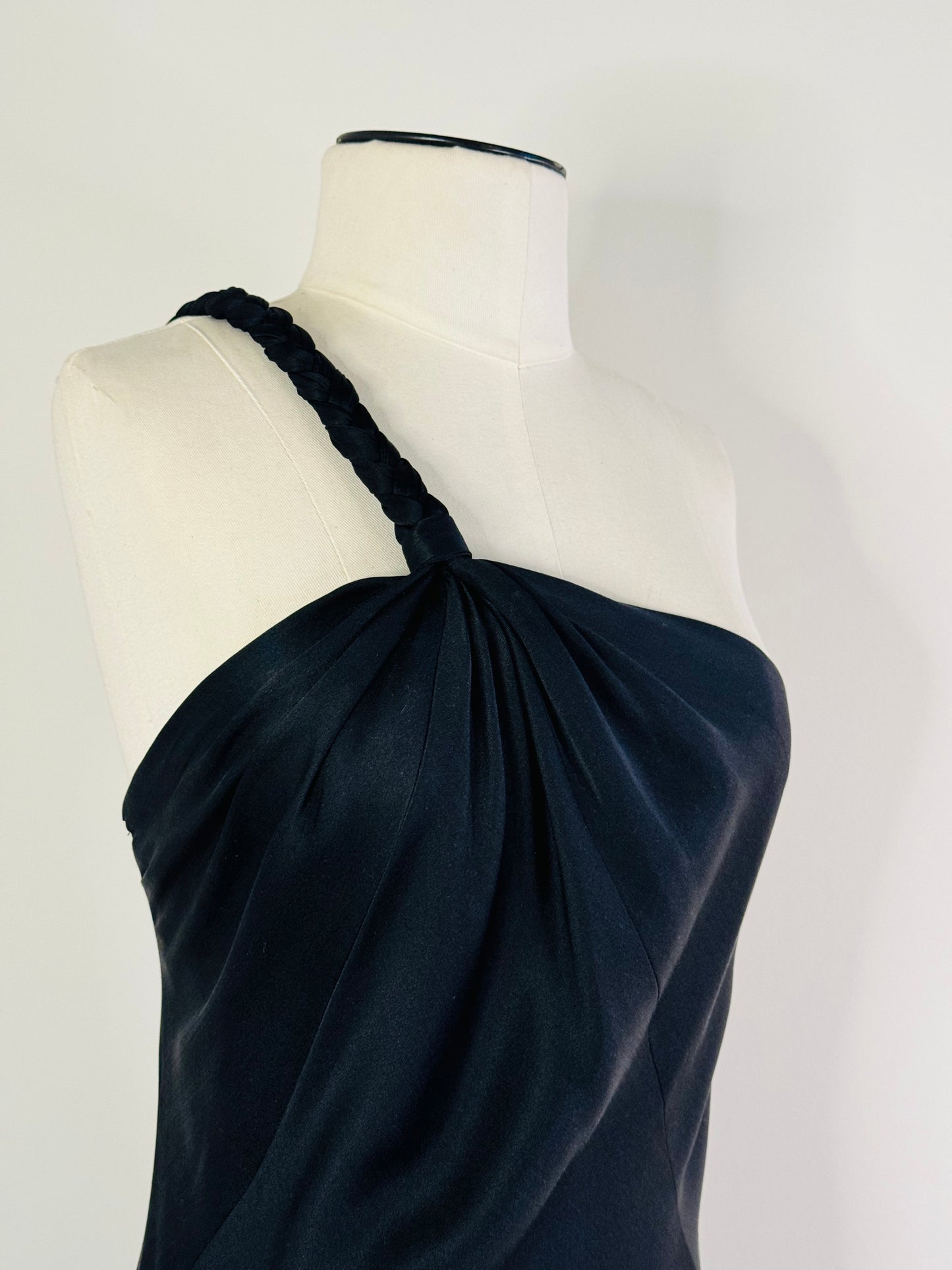 90s Black Silk One Shoulder Bias Maxi Gown Dress