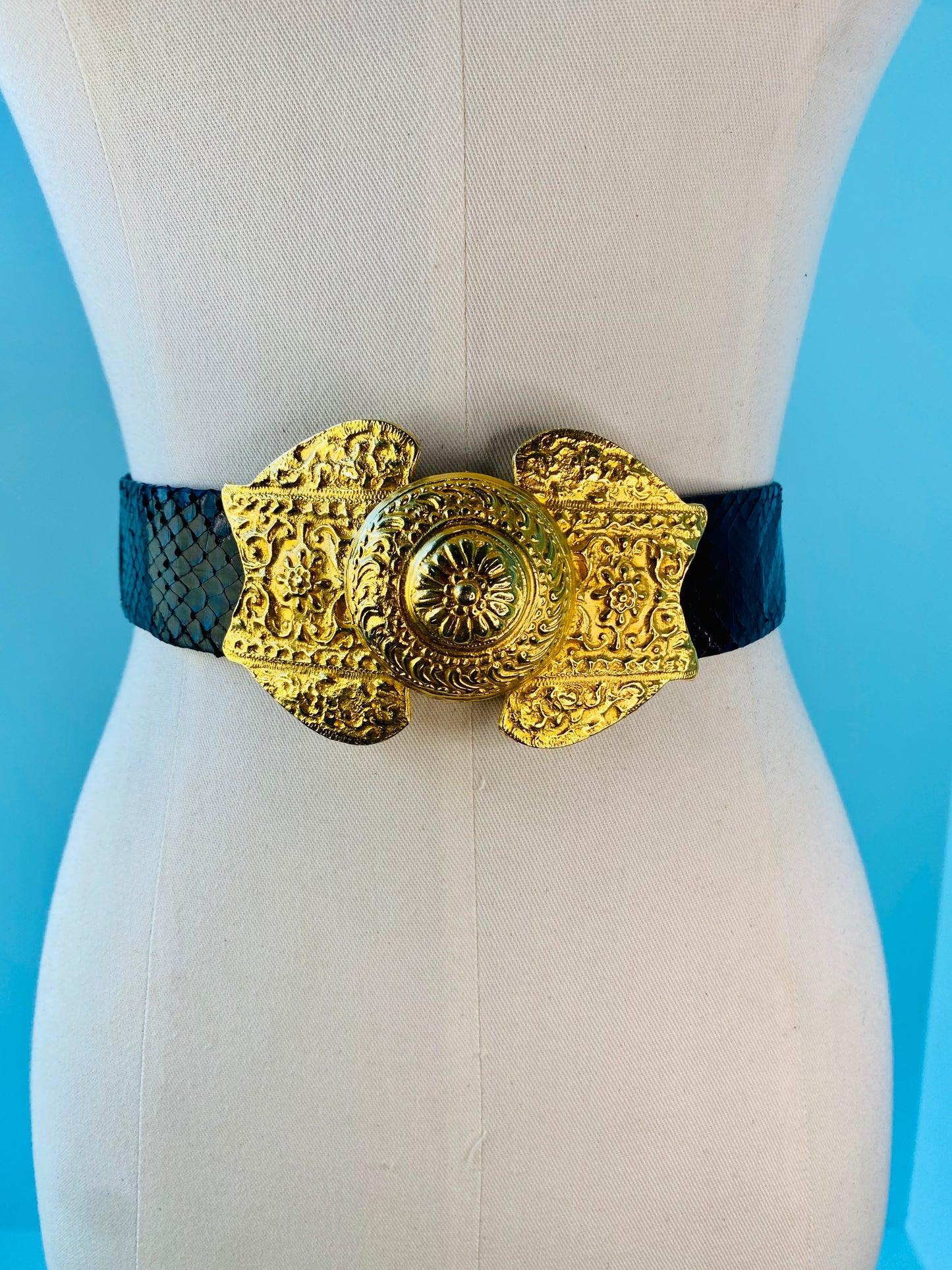 80s Alexis Kirk Black Reptile And Gold Plated Buckle Belt