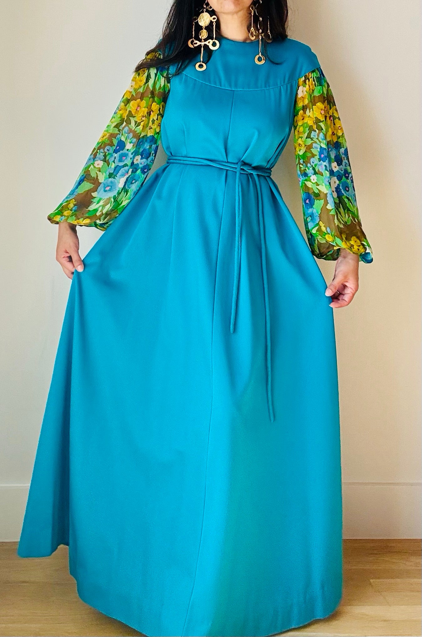 60s OAK Water Color Silk Chiffon Sleeves Blue Gown