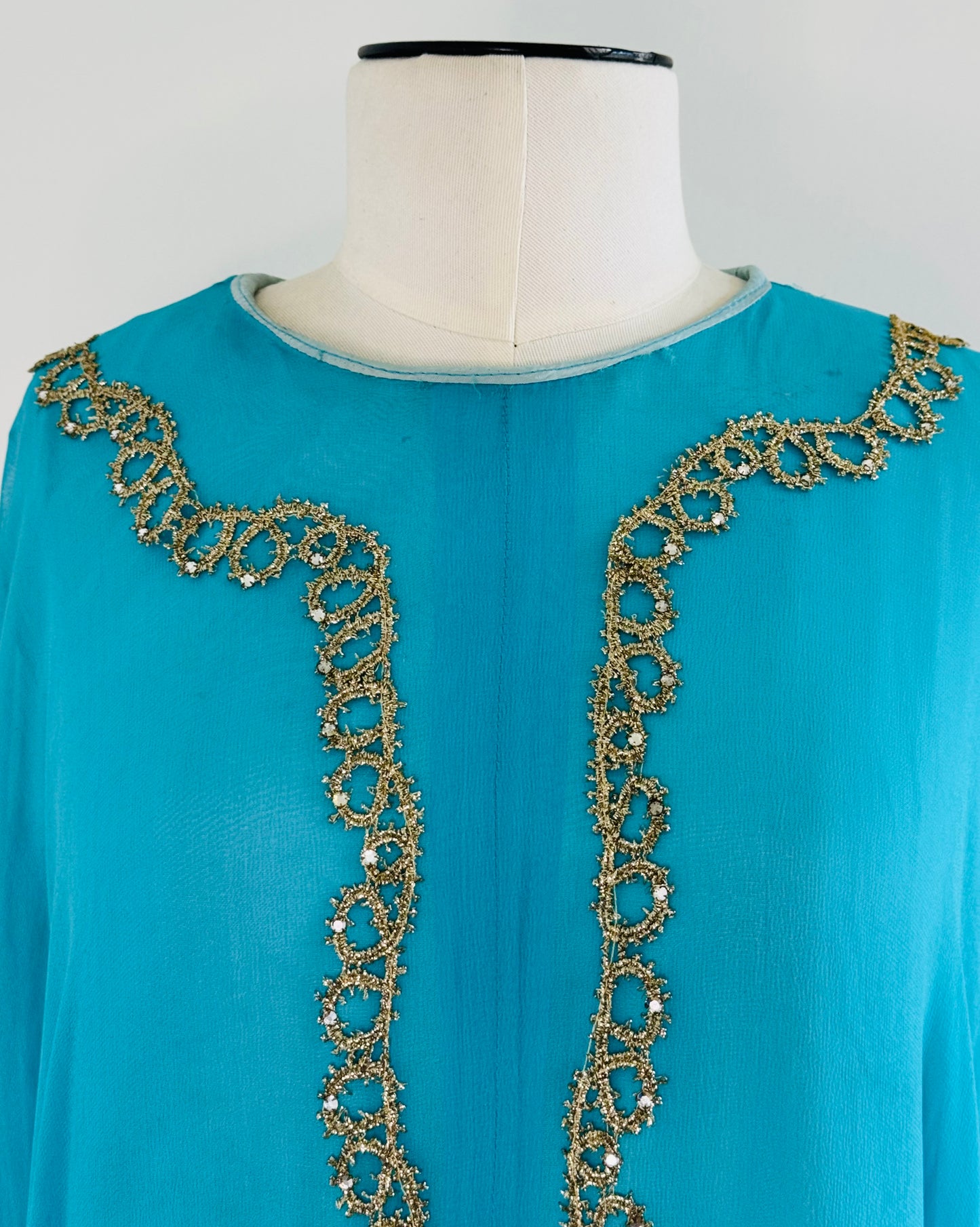 60s Georgie Keyloun Turquoise Blue Chiffon Embellished Caftan Gown