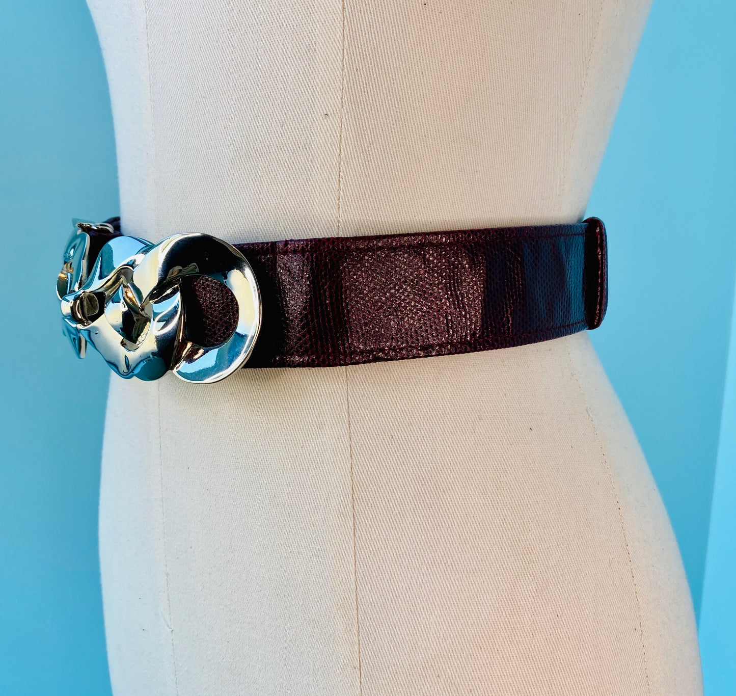 80s Alexis Kirk Silver Buckle Maroon Reptile Belt