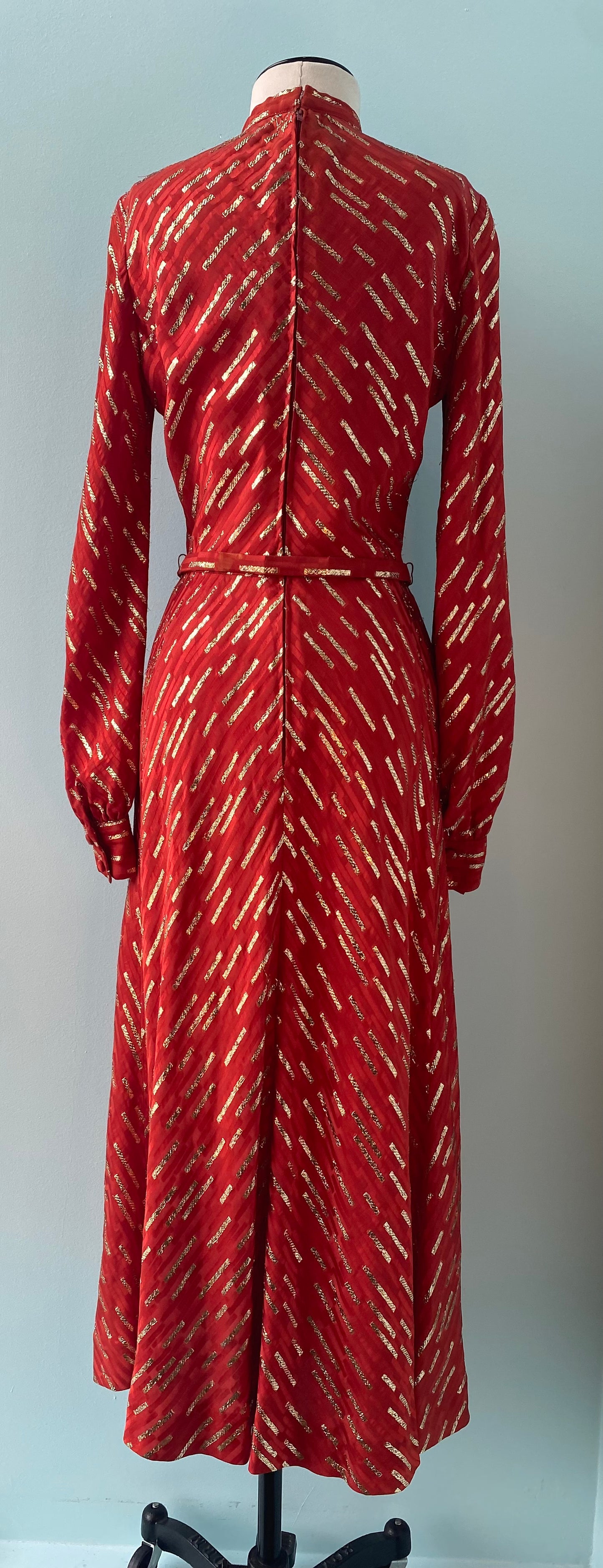 70s Marc Bohan for Christian Dior Red Silk Lurex Midi Dress Pussy Bow Balloon Sleeves