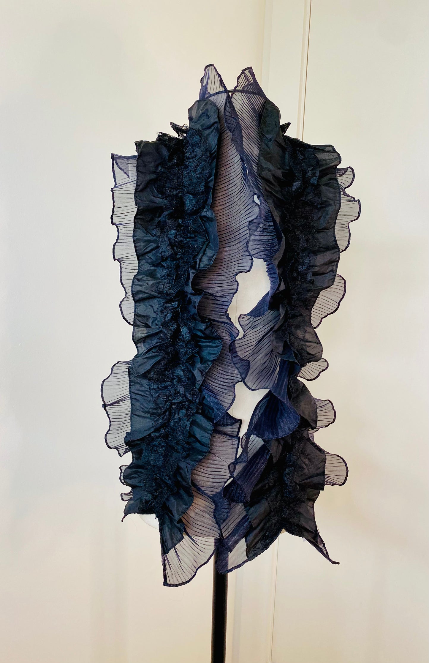 Y2K Black Avantgarde Organza Pleated Sculptural Shawl Scarf