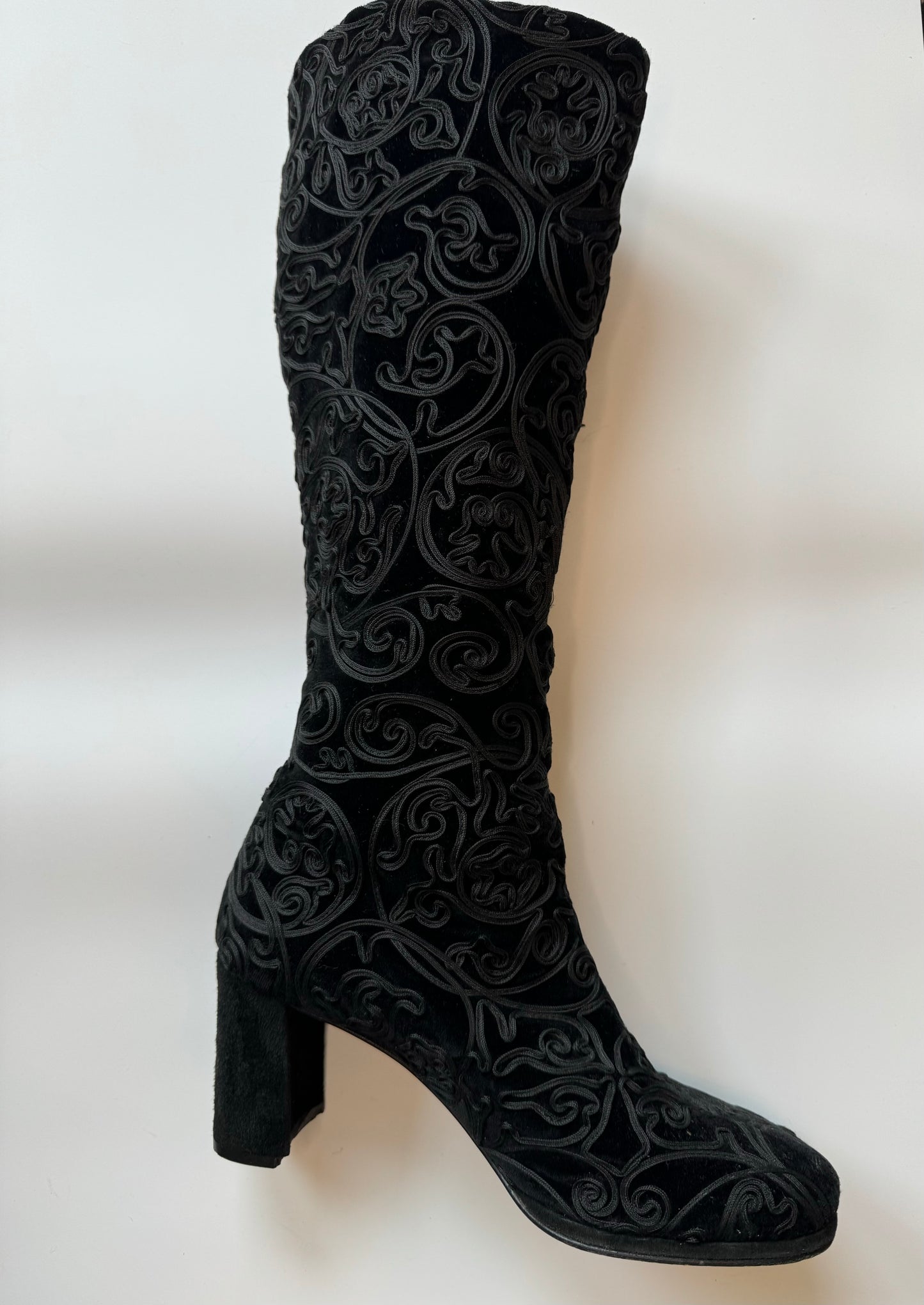 Vintage Pancaldi Tall Velvet and Ribbon Stacked Heel Black Gogo Boots