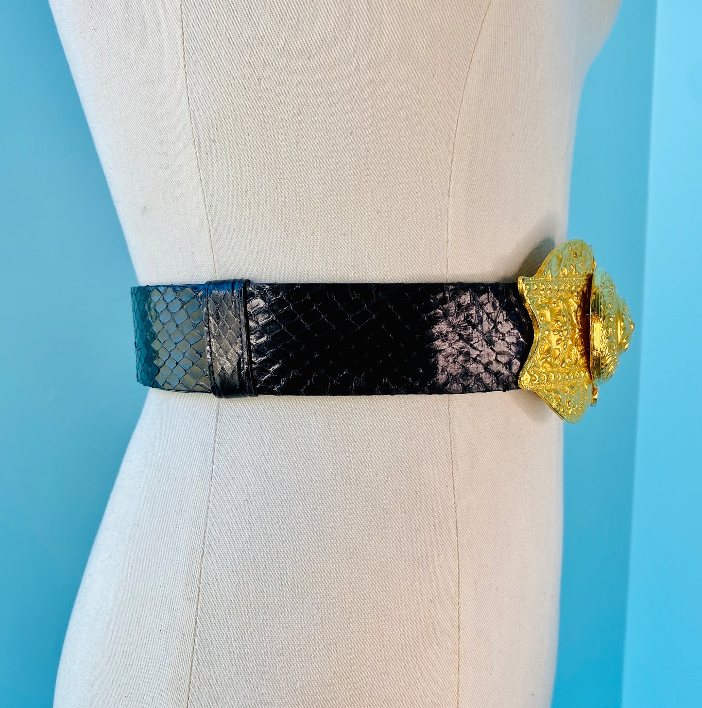 80s Alexis Kirk Black Reptile And Gold Plated Buckle Belt