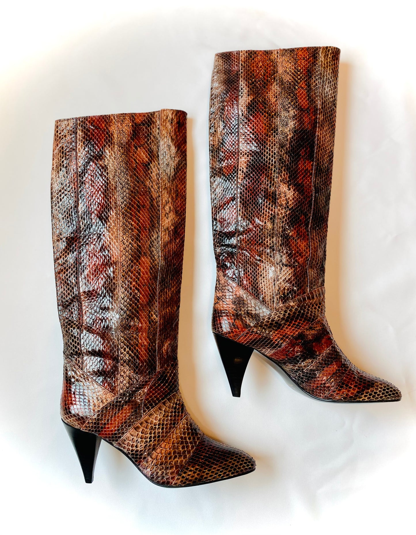 80s Disco Snake Skin Patchwork High Heel Tall Boots