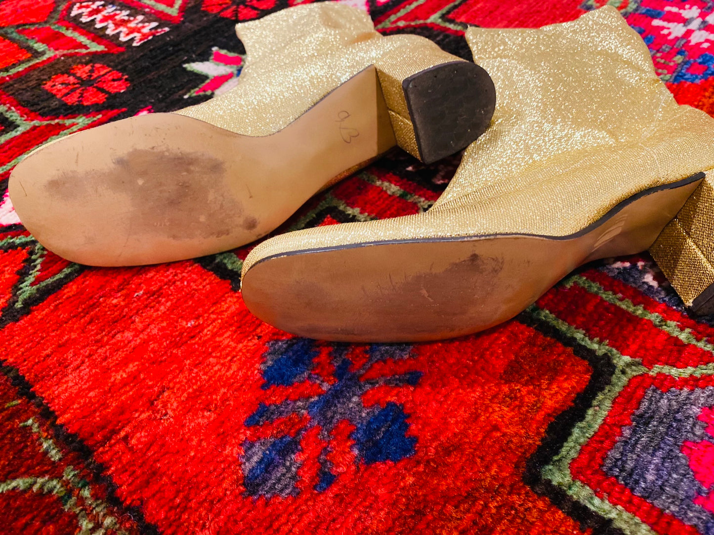 60s Gold Metallic Lurex  Stretchy Ankle Boots Size 9 2" Heel