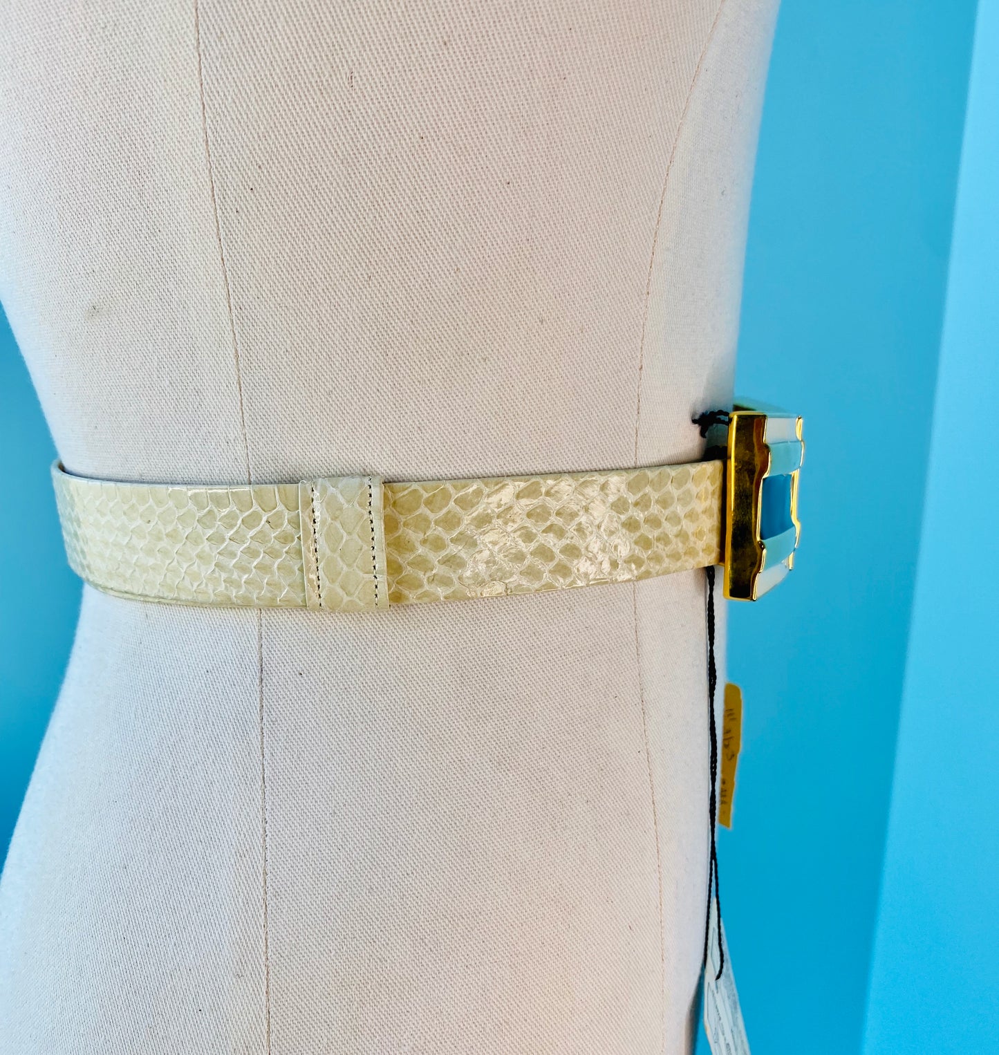 Disco Era Alexis Kirk Enameled Buckle Ivory Reptile Belt