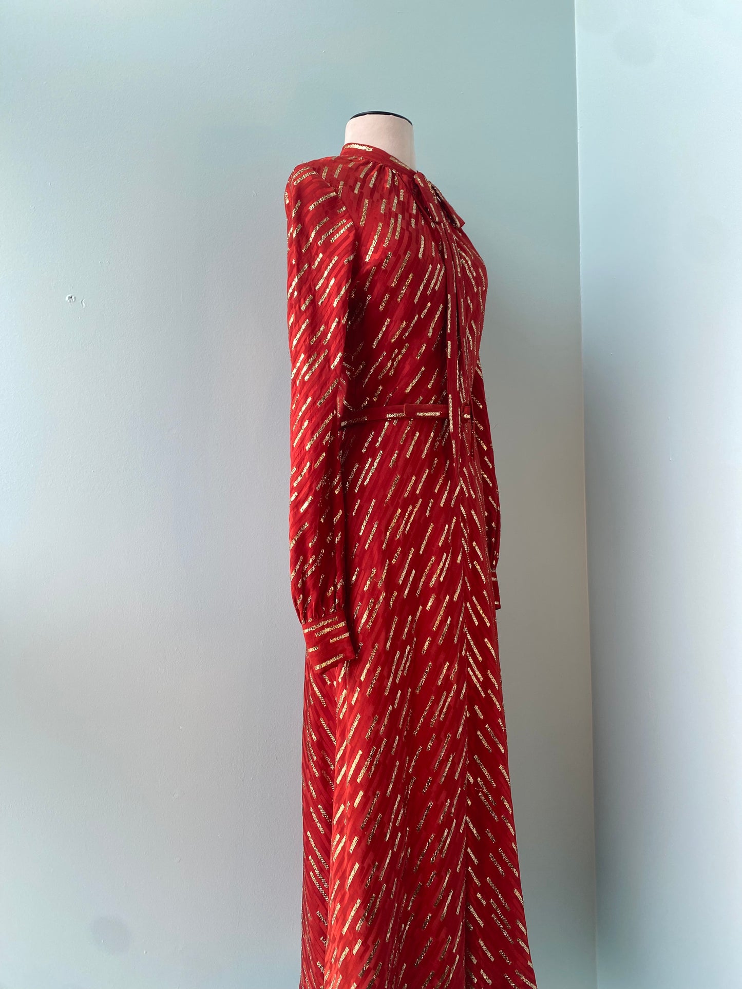 70s Marc Bohan for Christian Dior Red Silk Lurex Midi Dress Pussy Bow Balloon Sleeves