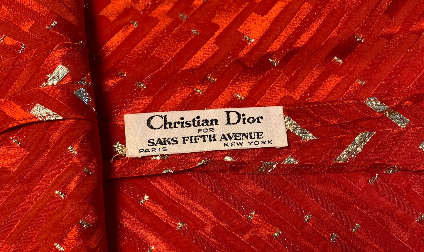 70s Marc Bohan for Christian Dior Red Silk Lurex Midi Dress Pussy Bow Balloon Sleeves