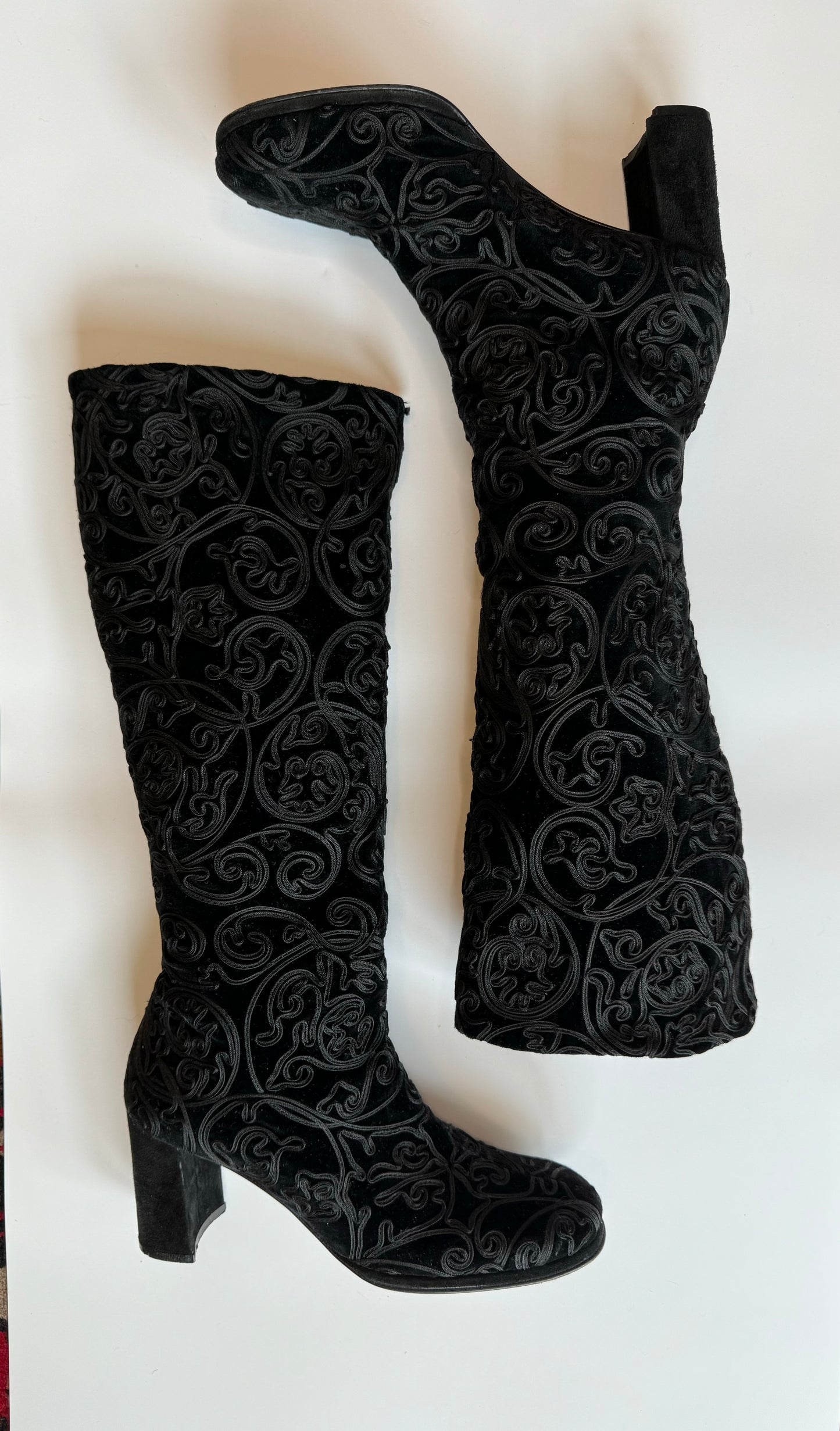 Vintage Pancaldi Tall Velvet and Ribbon Stacked Heel Black Gogo Boots