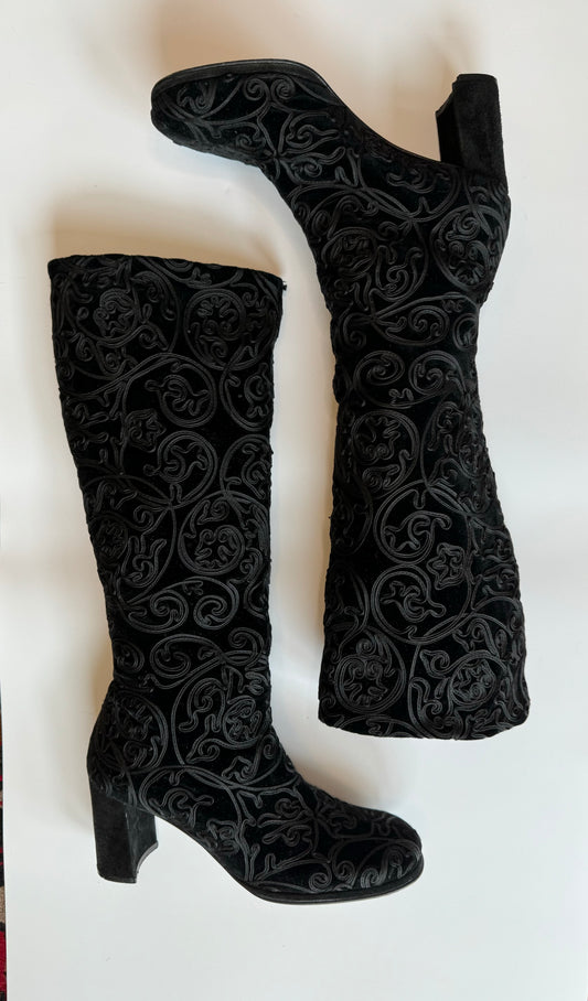 Vintage Pancaldi Tall Velvet and Ribbon Stacked Heel Black Gogo Boots