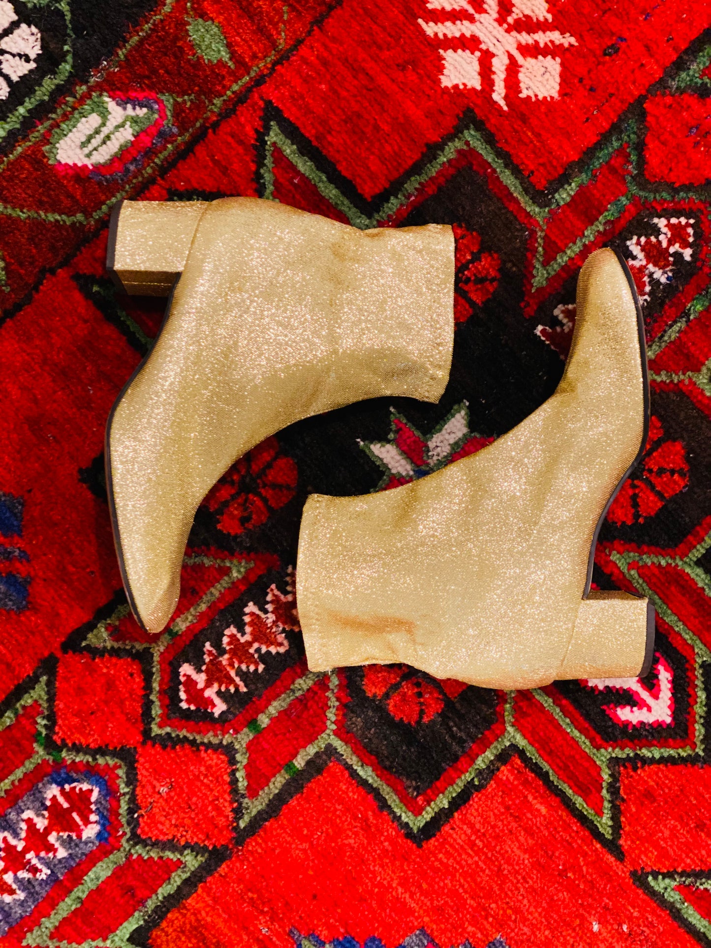 60s Gold Metallic Lurex  Stretchy Ankle Boots Size 9 2" Heel