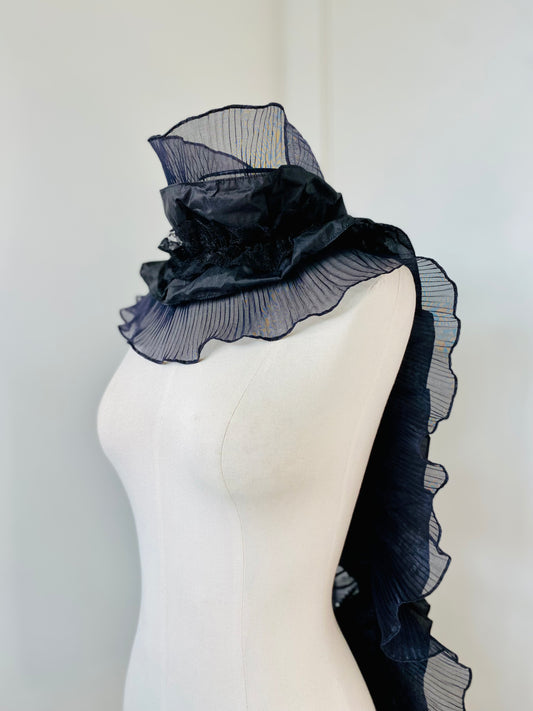 Y2K Black Avantgarde Organza Pleated Sculptural Shawl Scarf