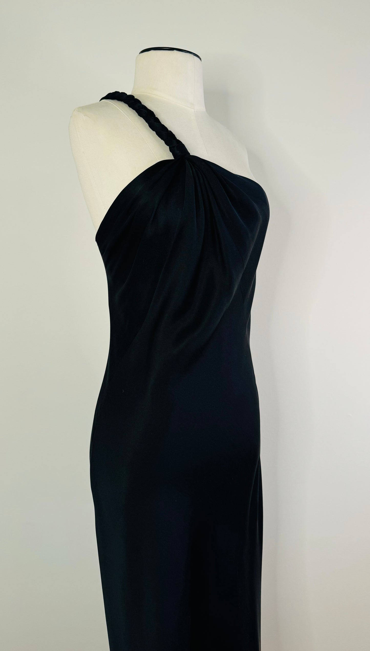 90s Black Silk One Shoulder Bias Maxi Gown Dress