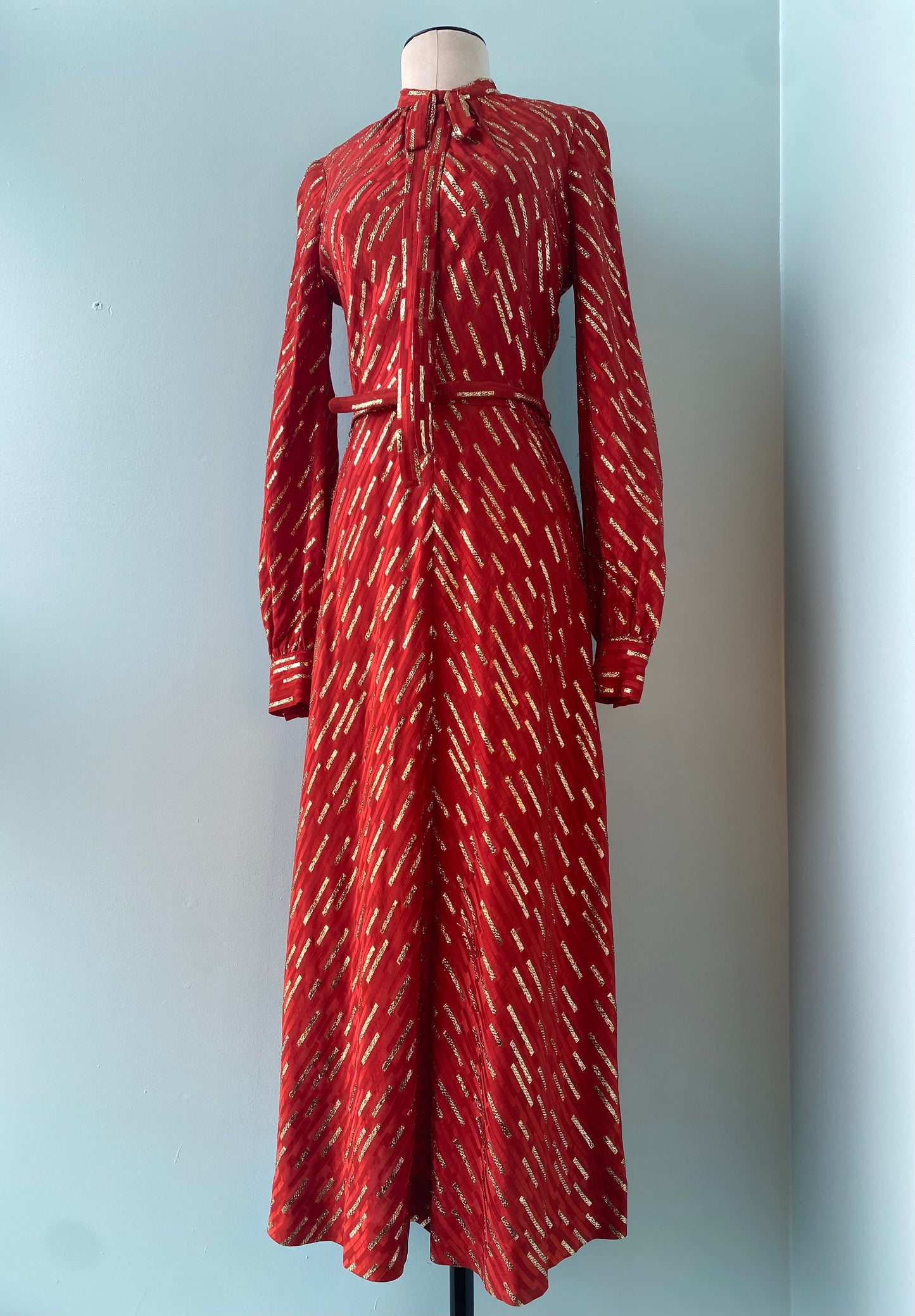 70s Marc Bohan for Christian Dior Red Silk Lurex Midi Dress Pussy Bow Balloon Sleeves