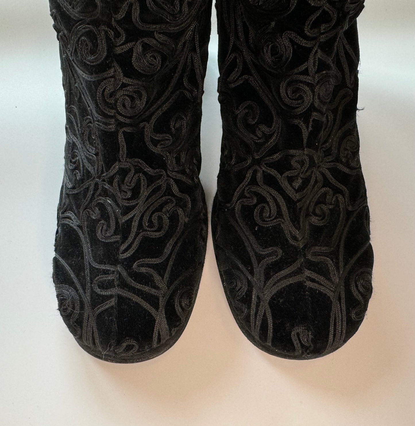 Vintage Pancaldi Tall Velvet and Ribbon Stacked Heel Black Gogo Boots