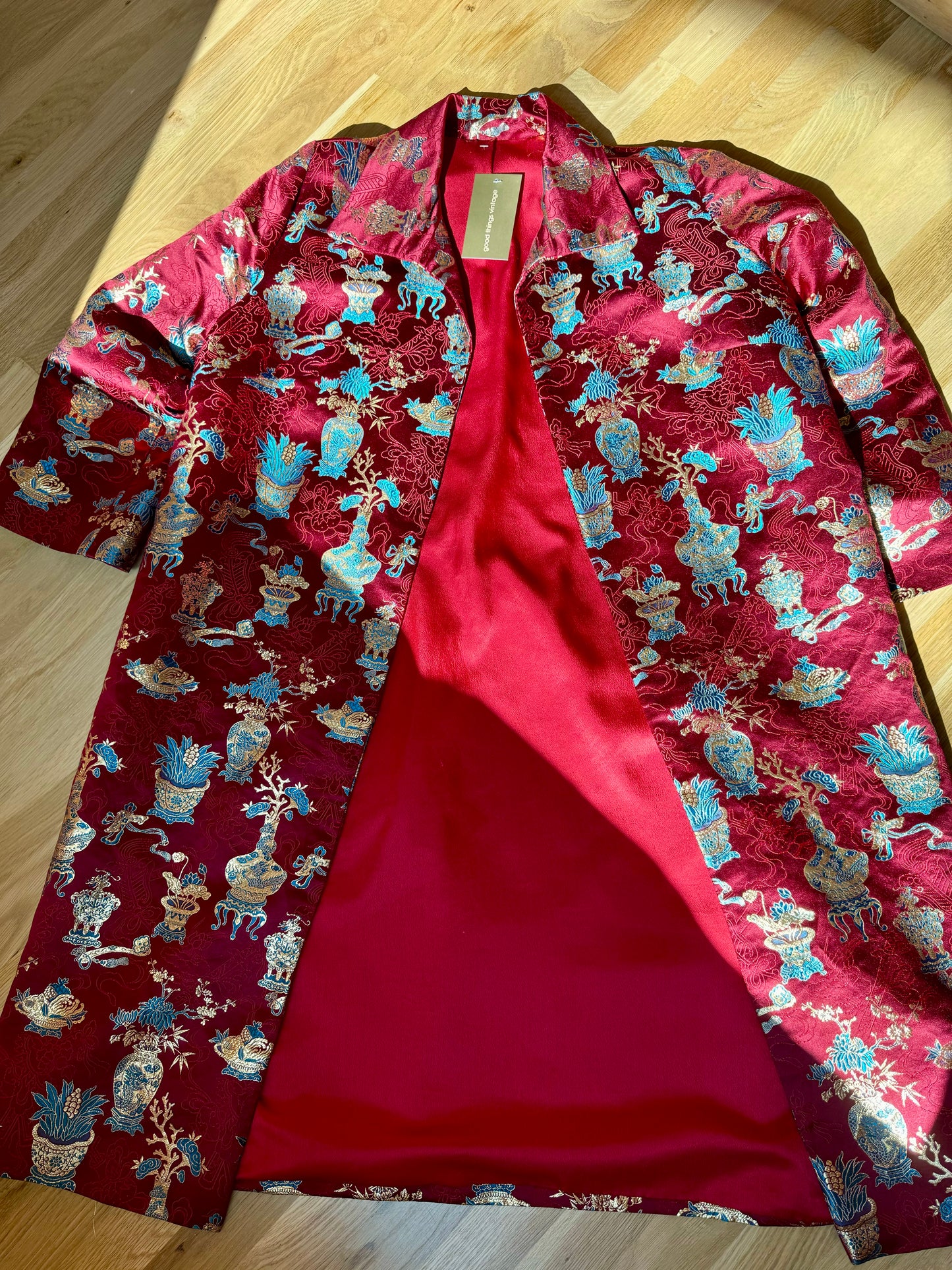 Vintage Red Brocade Chinoiserie Brocade Duster Swing Jacket